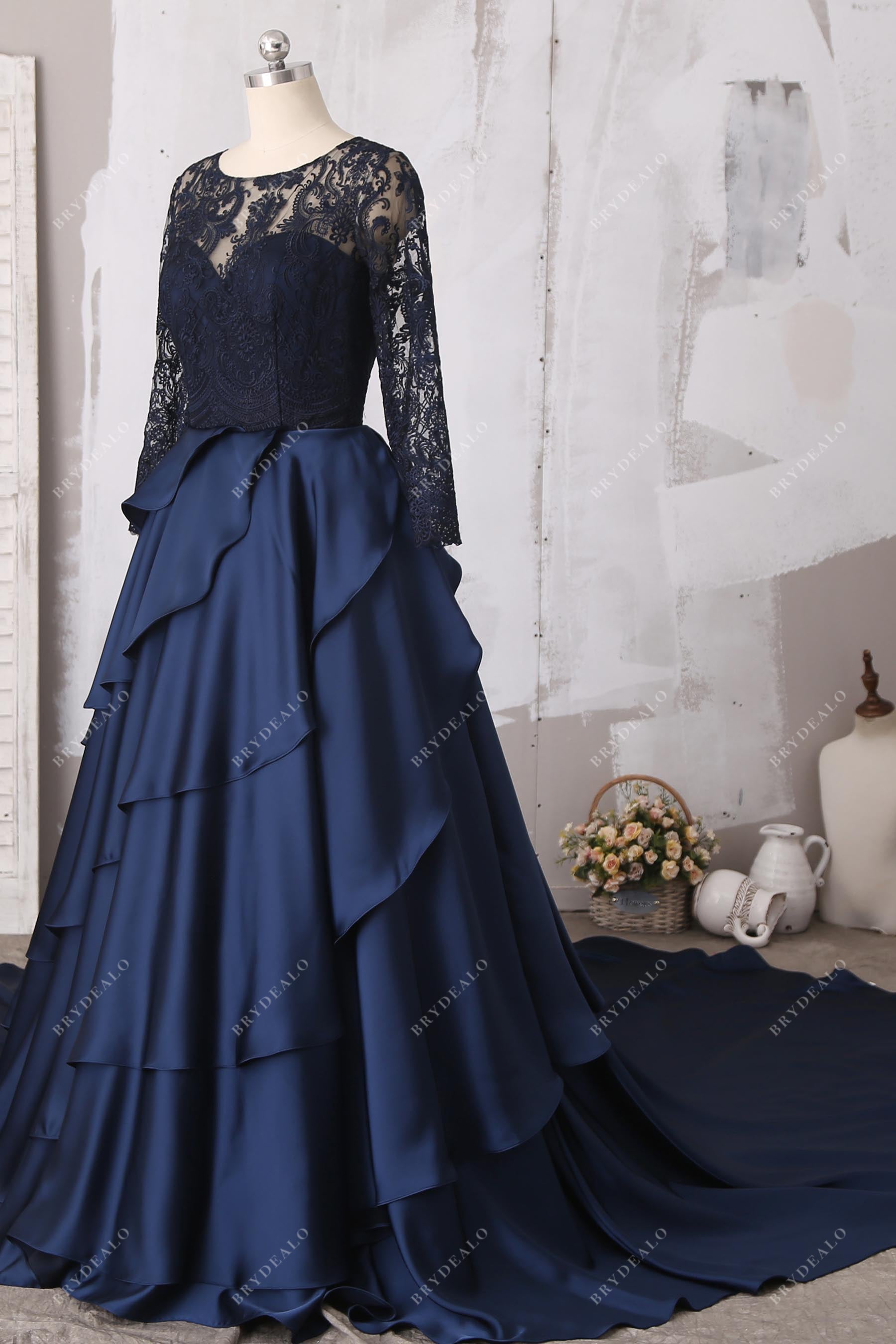 fashion ruffled satin ball gown navy sheer long sleeves wedding gown