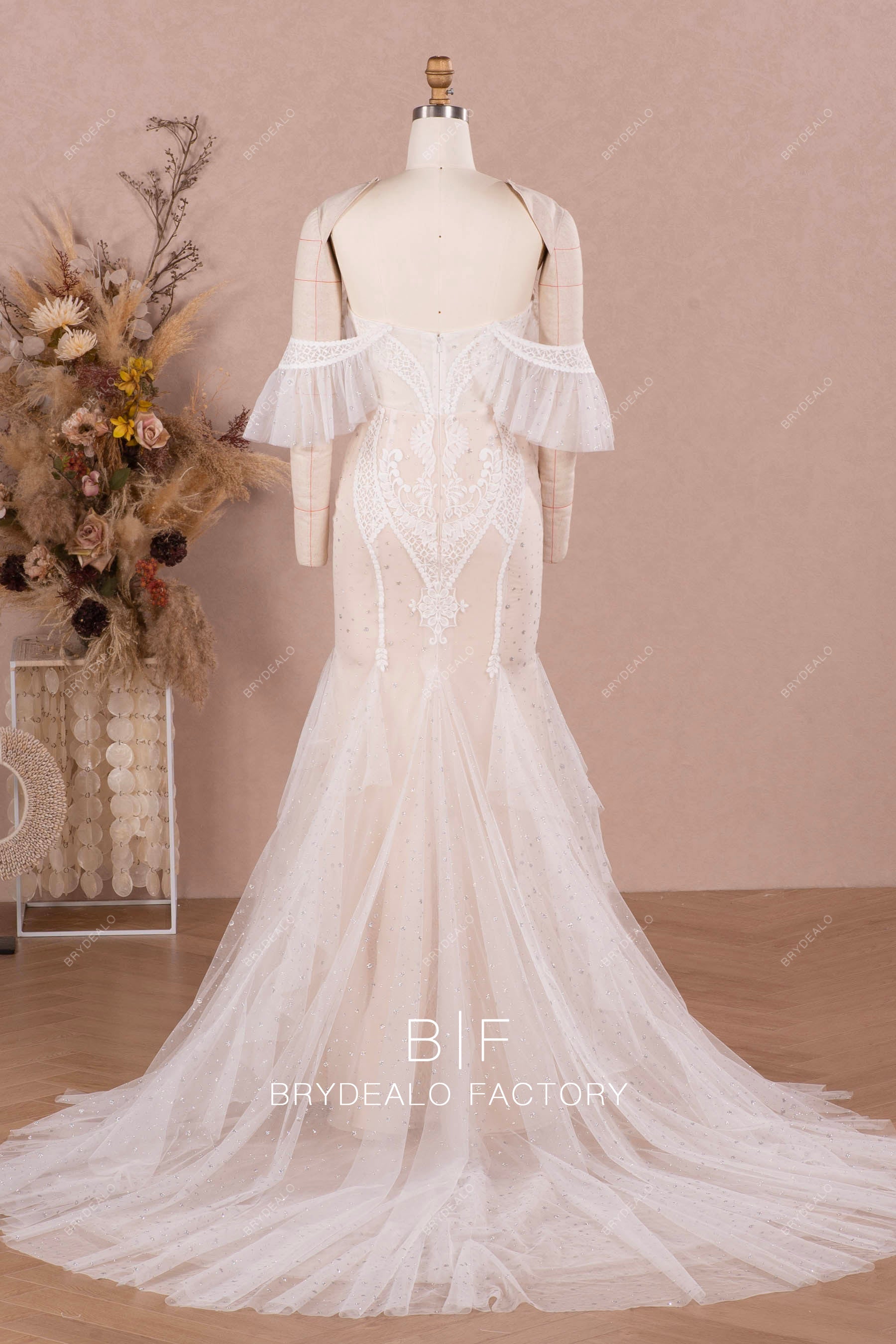 ruffled shimmery tulle lace long destination wedding dress
