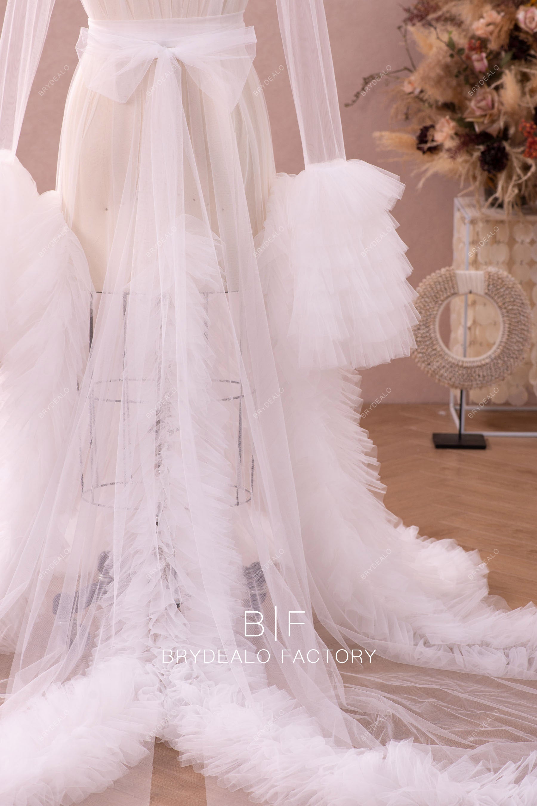 elegant ruffled train bridal robe