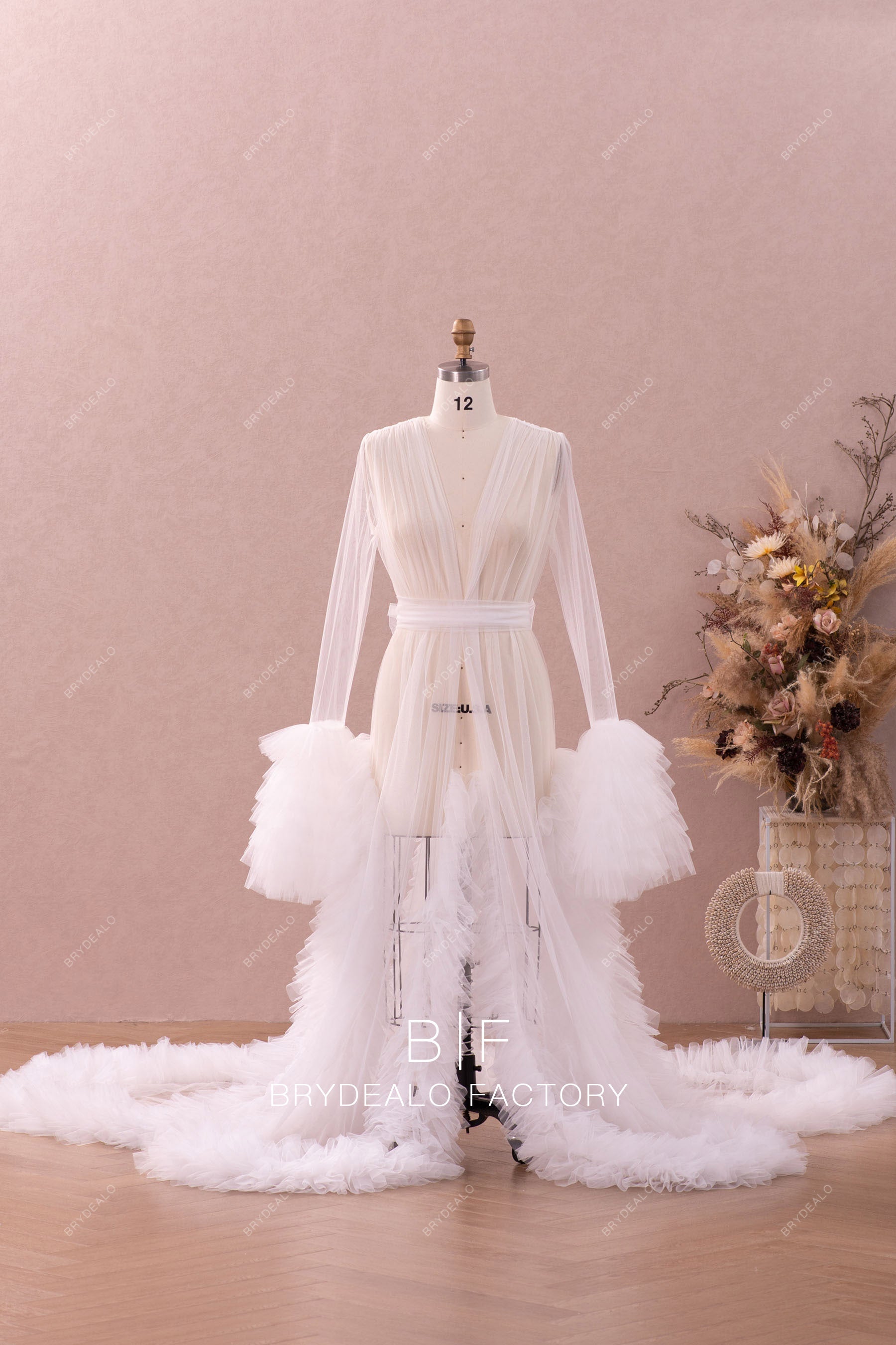 Illusion Ruffled Sleeves A-line Tulle Modern Photoshoot Wedding Robe