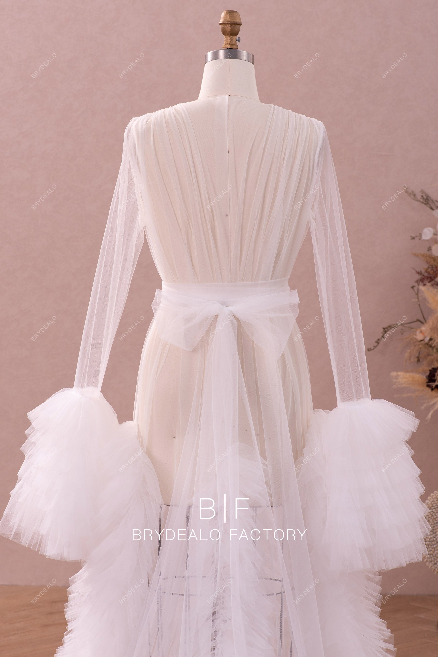 popular ruffled tulle bridal robe with detachable sash