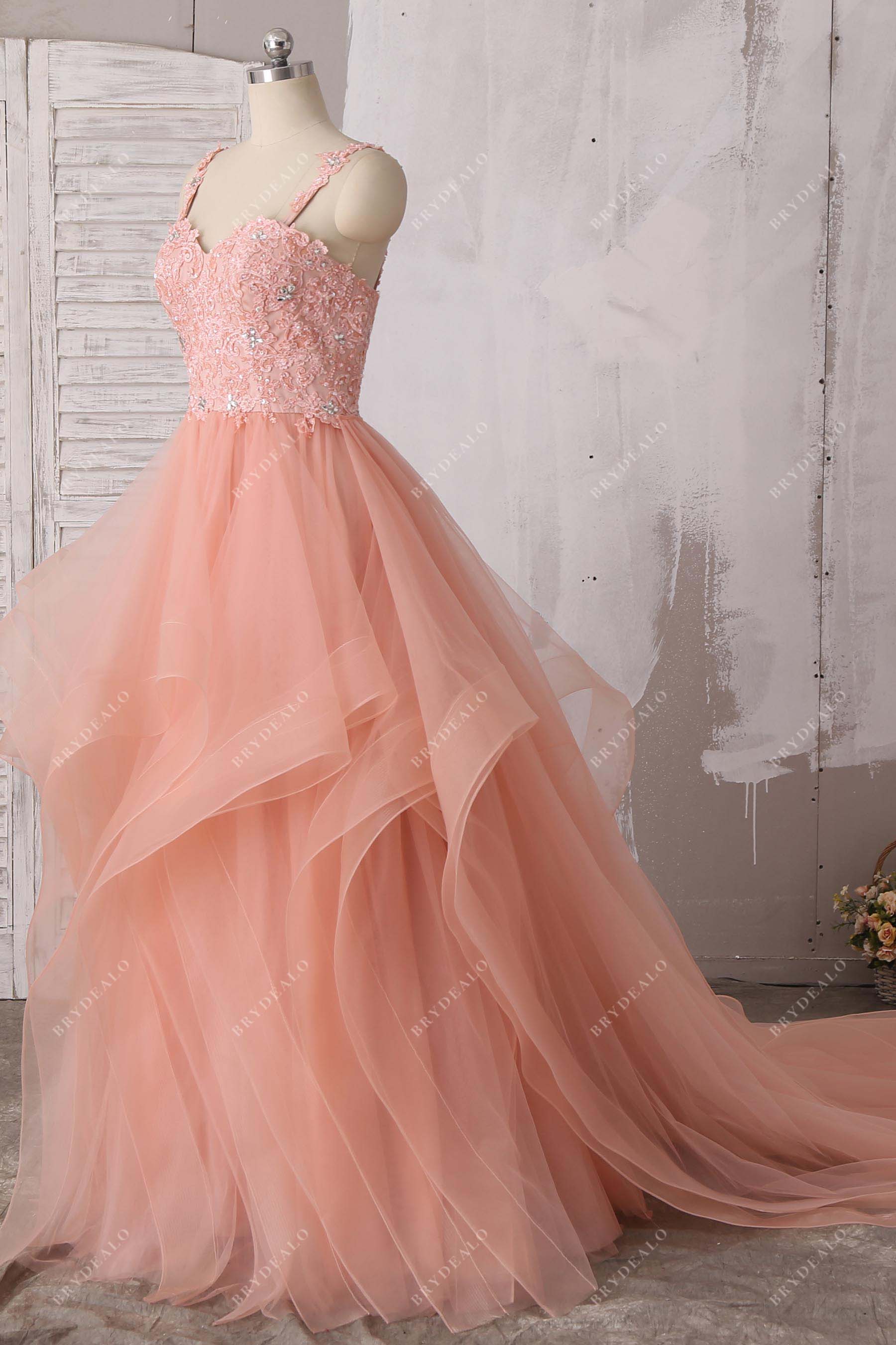 luxury ruffled tulle sleeveless lace prom dress