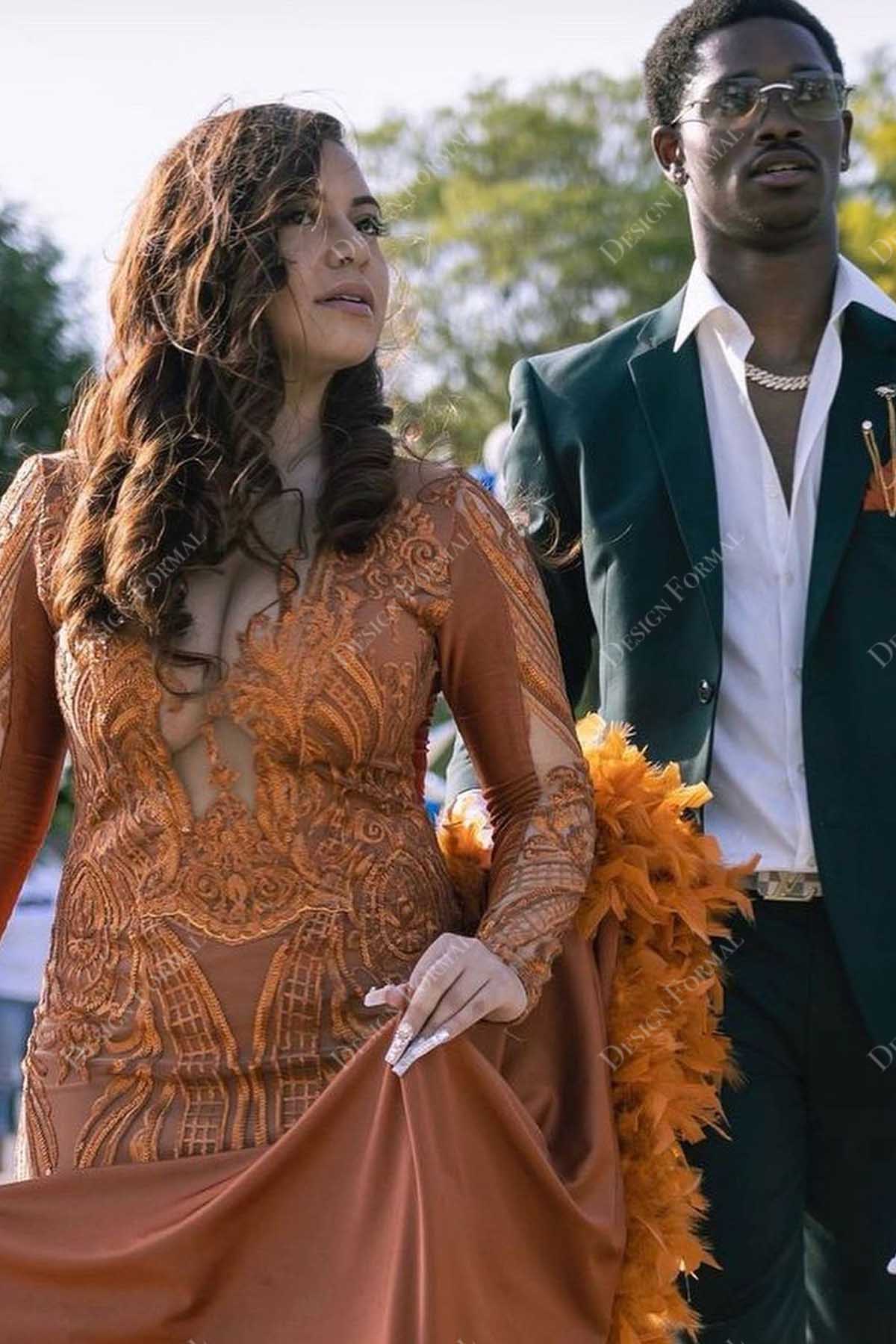 Rust Feathered Mermaid Unique Sequined Sleeve Prom Dress