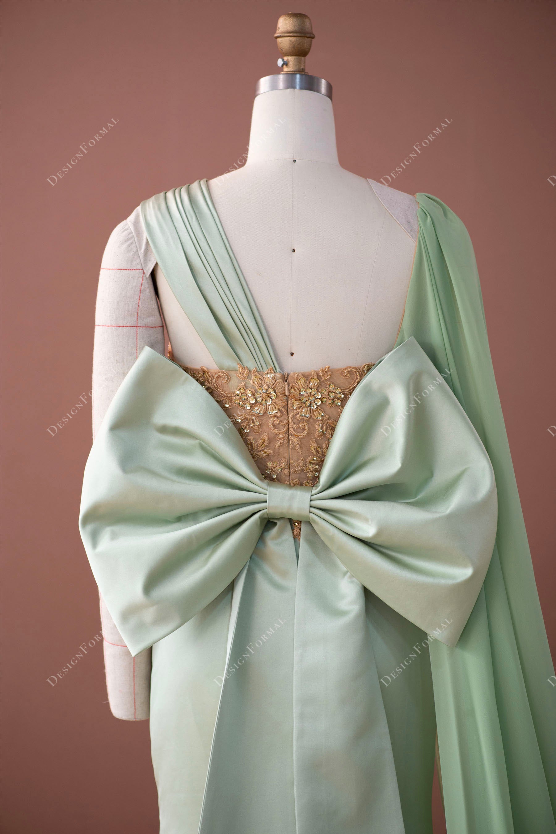 detachable big bowknot sage satin prom dress