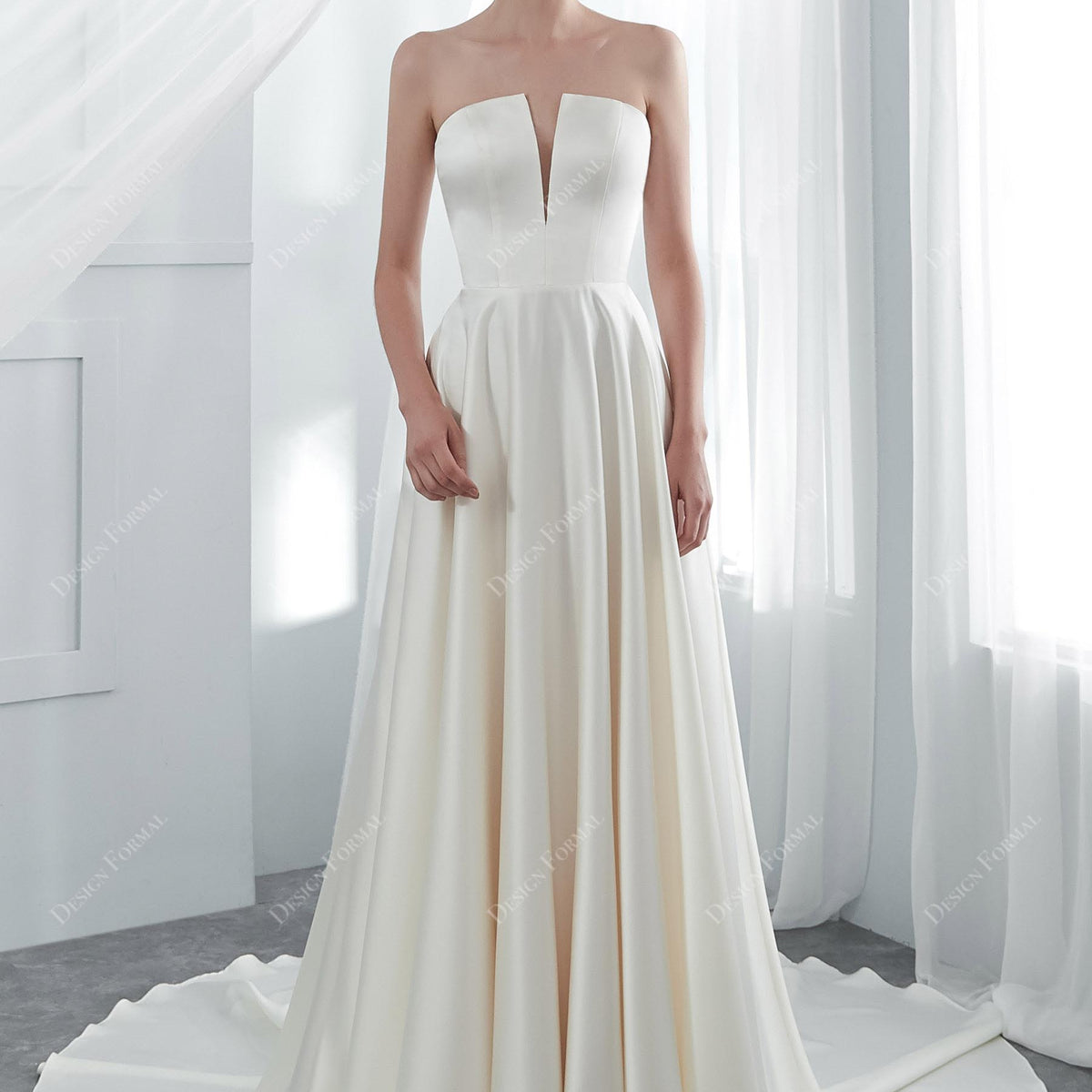 Ivory Designer Satin Classic A-line Strapless Simple Bridal Gown, White