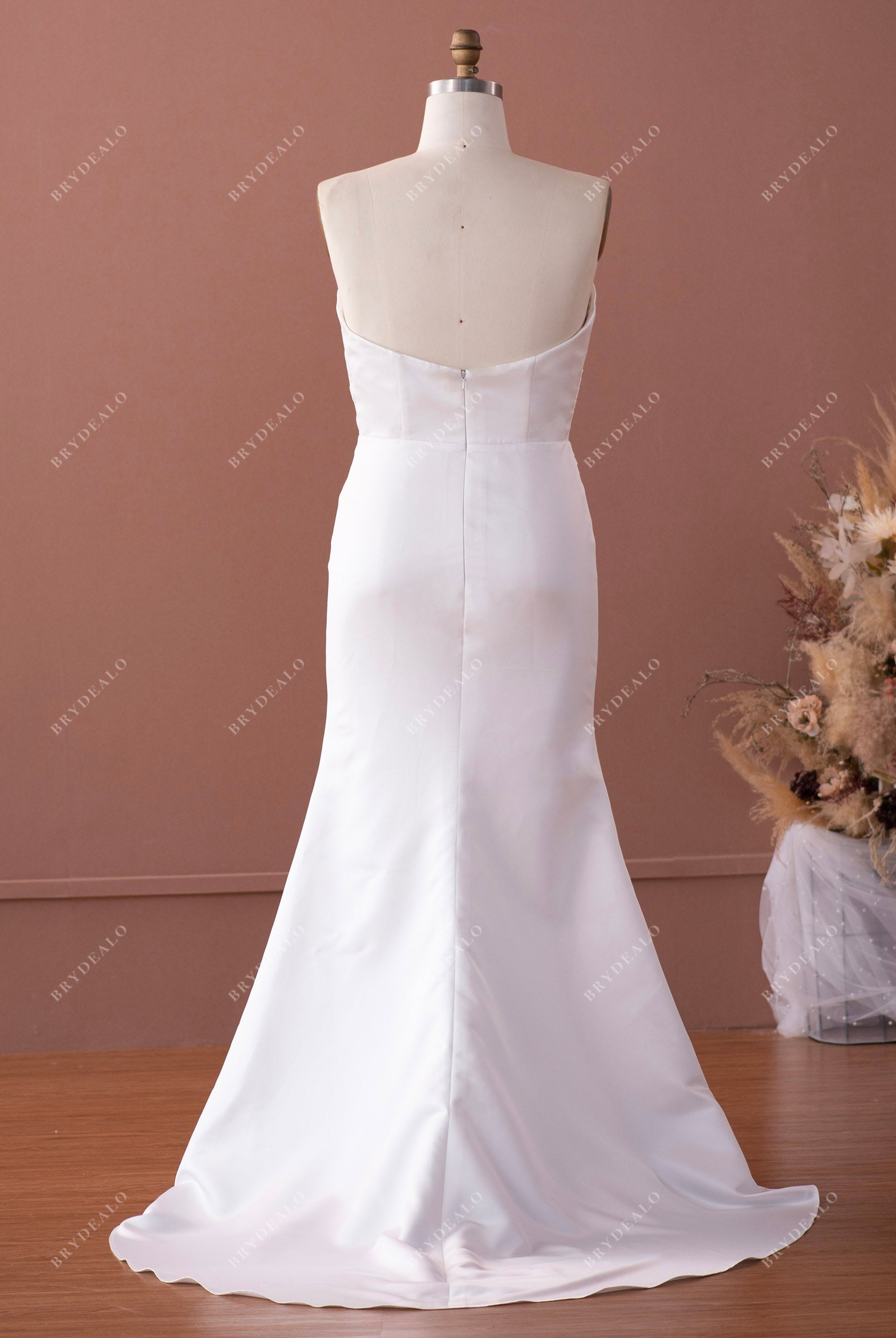 sweep train strapless satin bridal gown