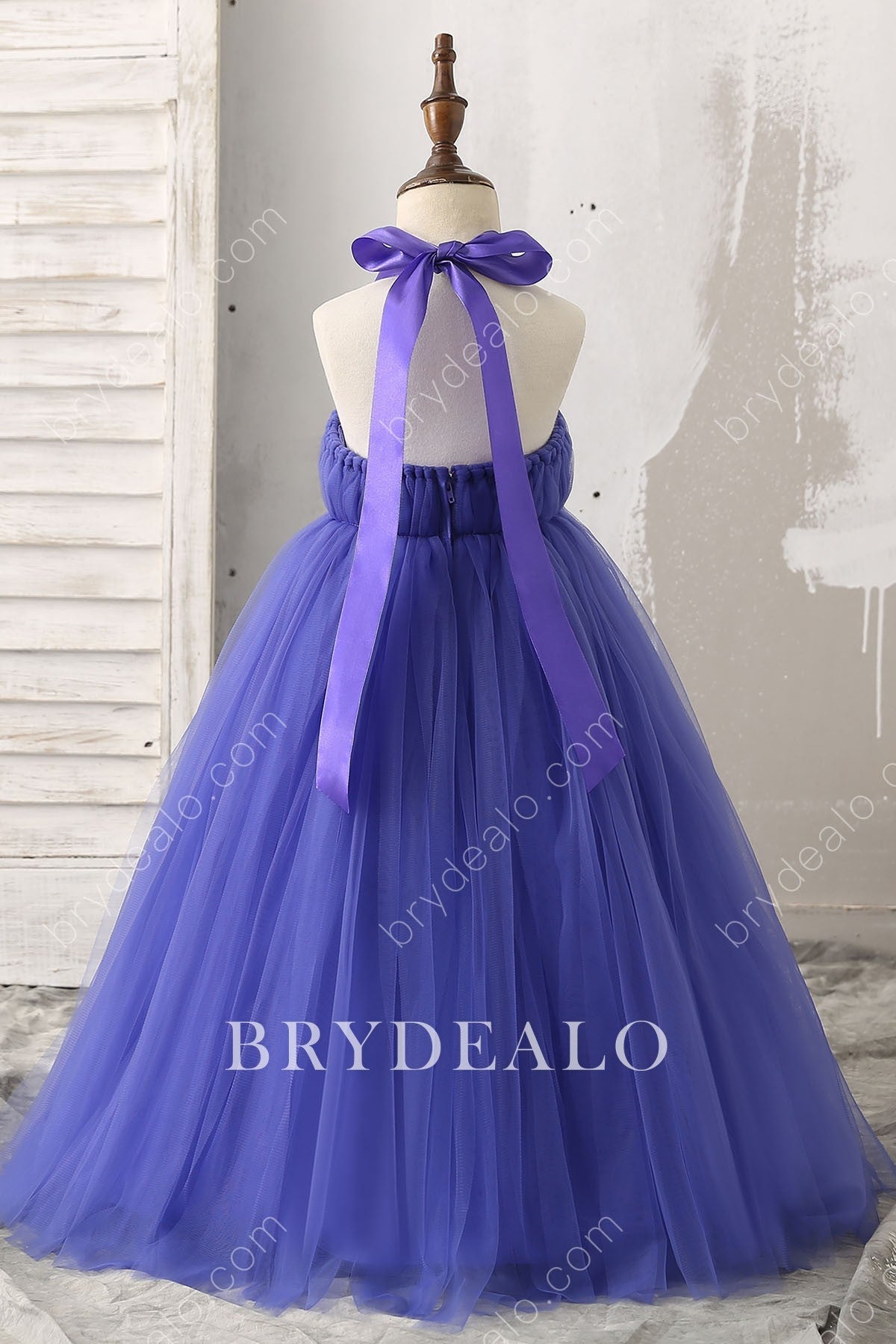 Halter Tie Open Back Royal Blue Flower Girl Ball Gown
