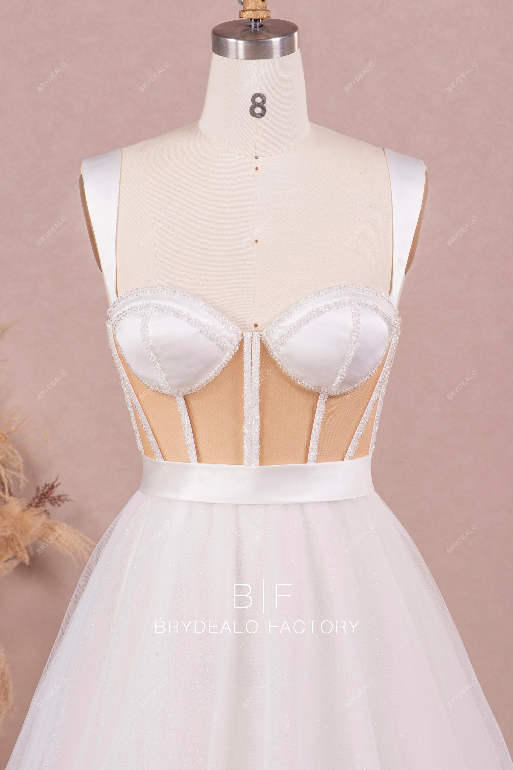 satin shoulder straps illusion corset beading wedding dress