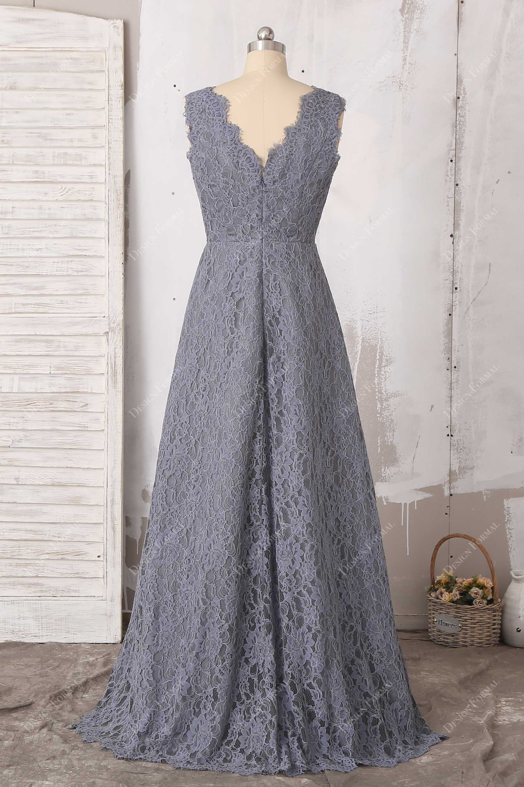 scalloped V-back floor length bridesmaid dress