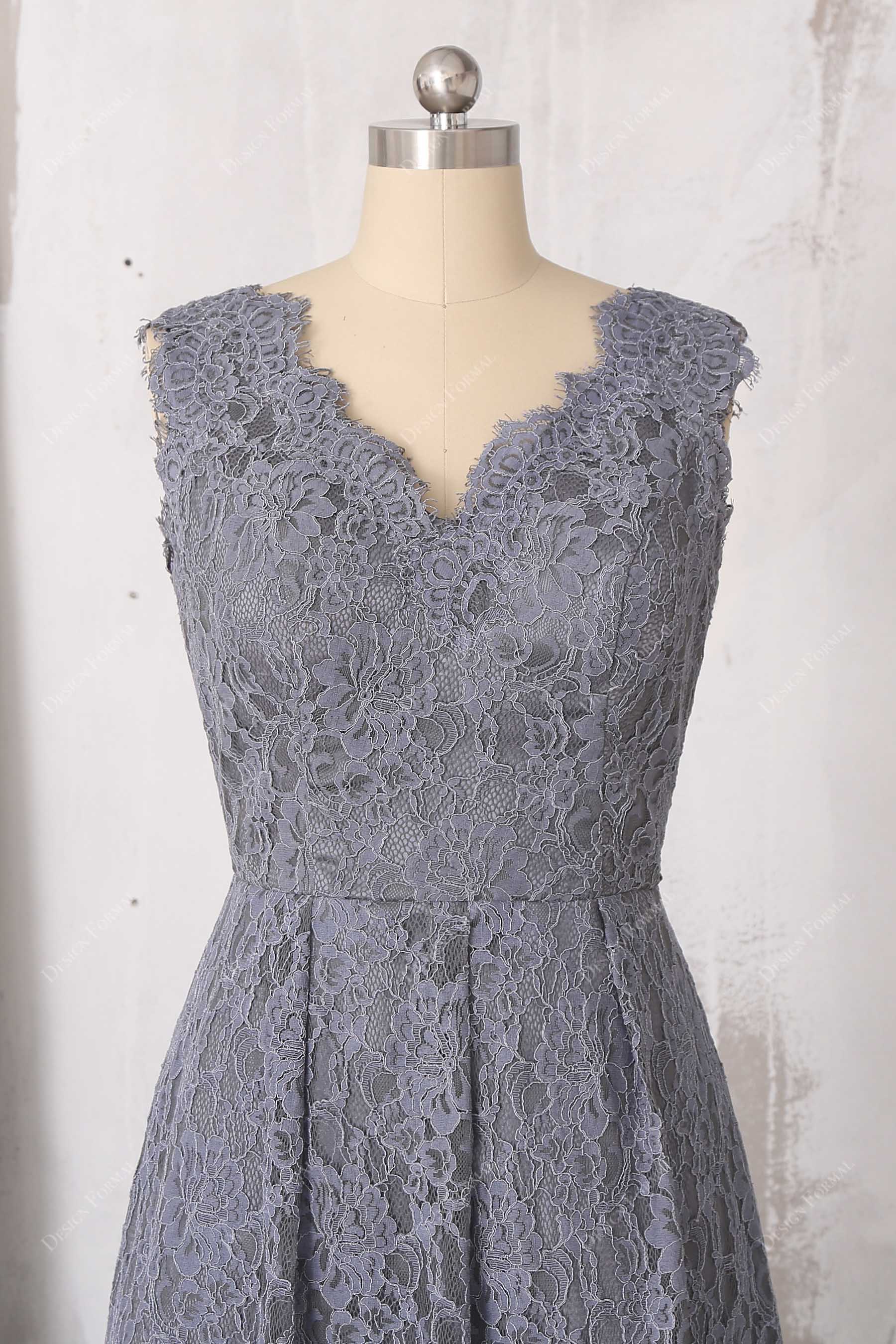 scalloped V-neck lace bridesmaid dress