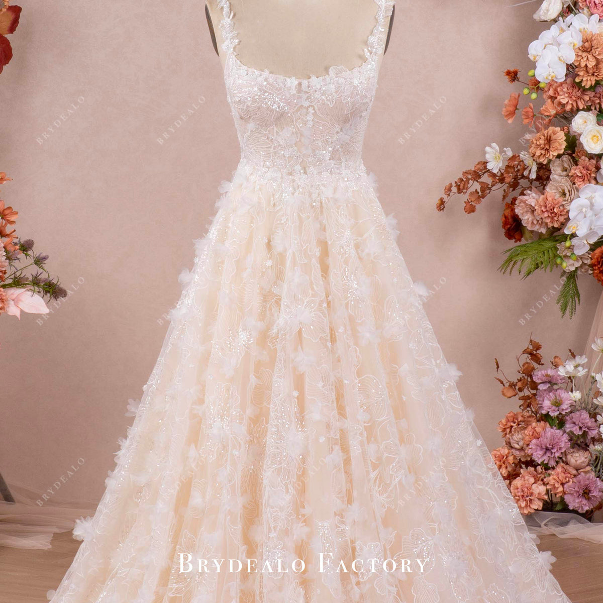 Designer 3D Flowers Lace Scoop Neck Long Destination Wedding Dress, White