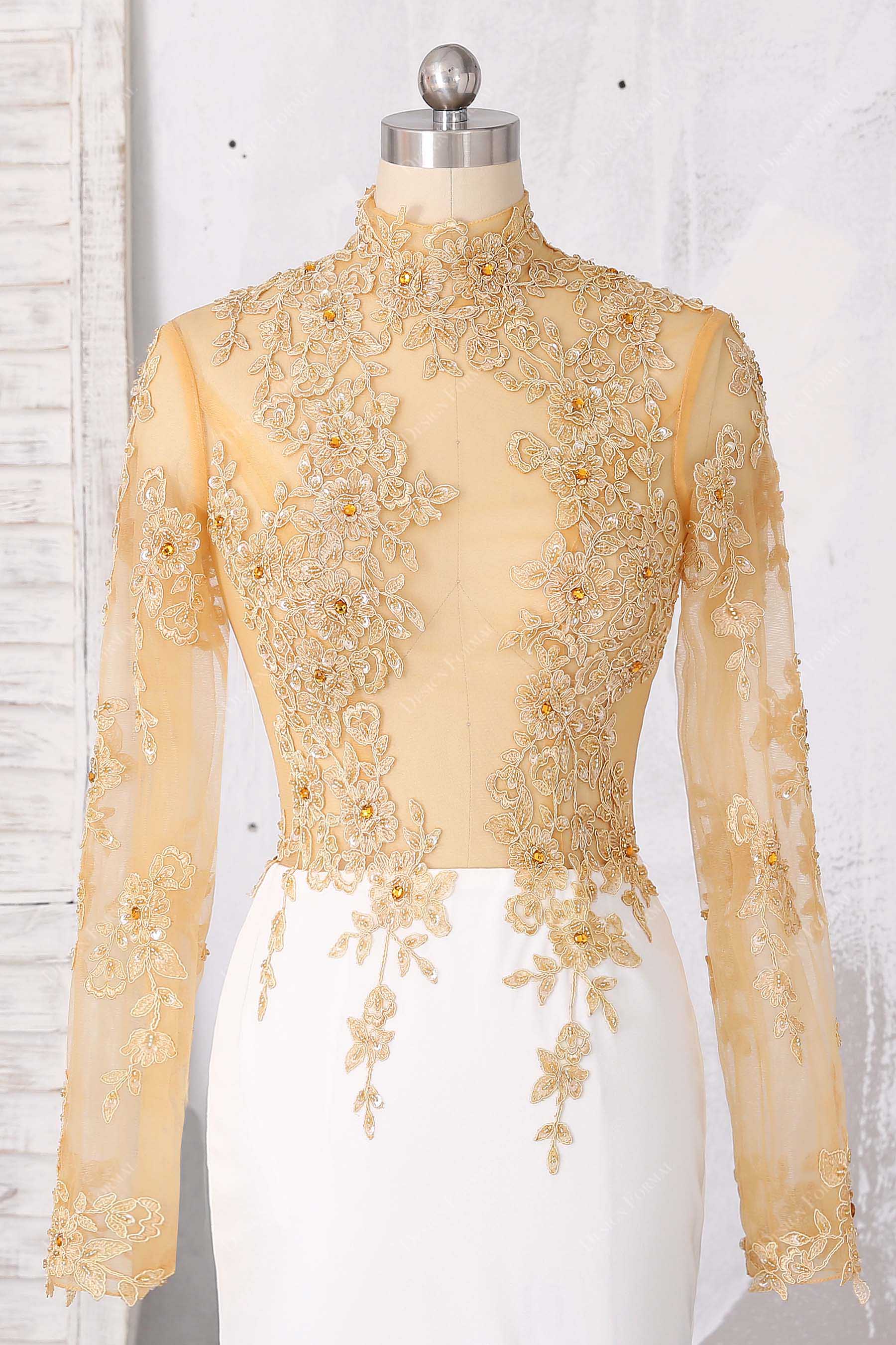 see-through lace high neck gold dress