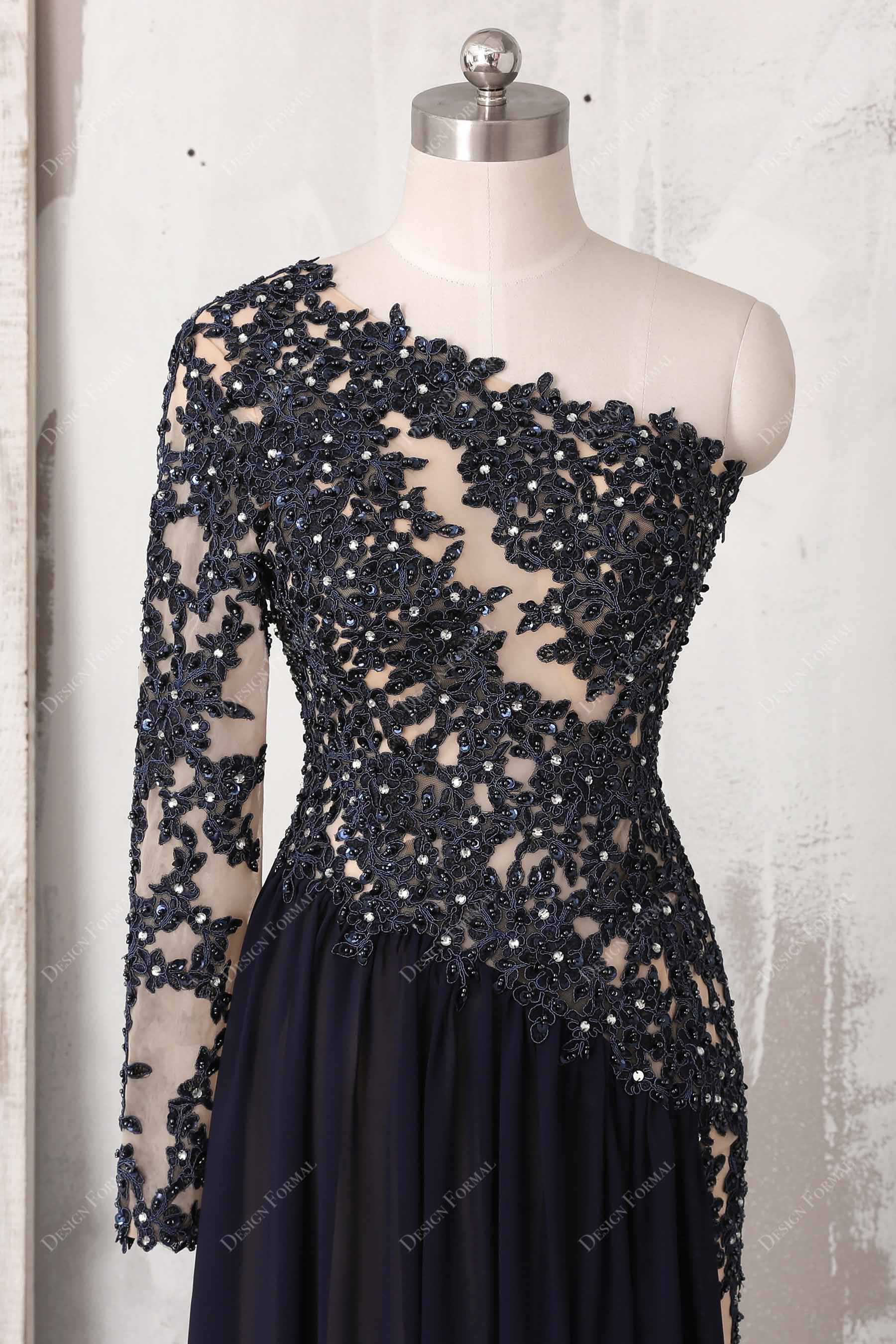 see through one sleeve black lace bodice