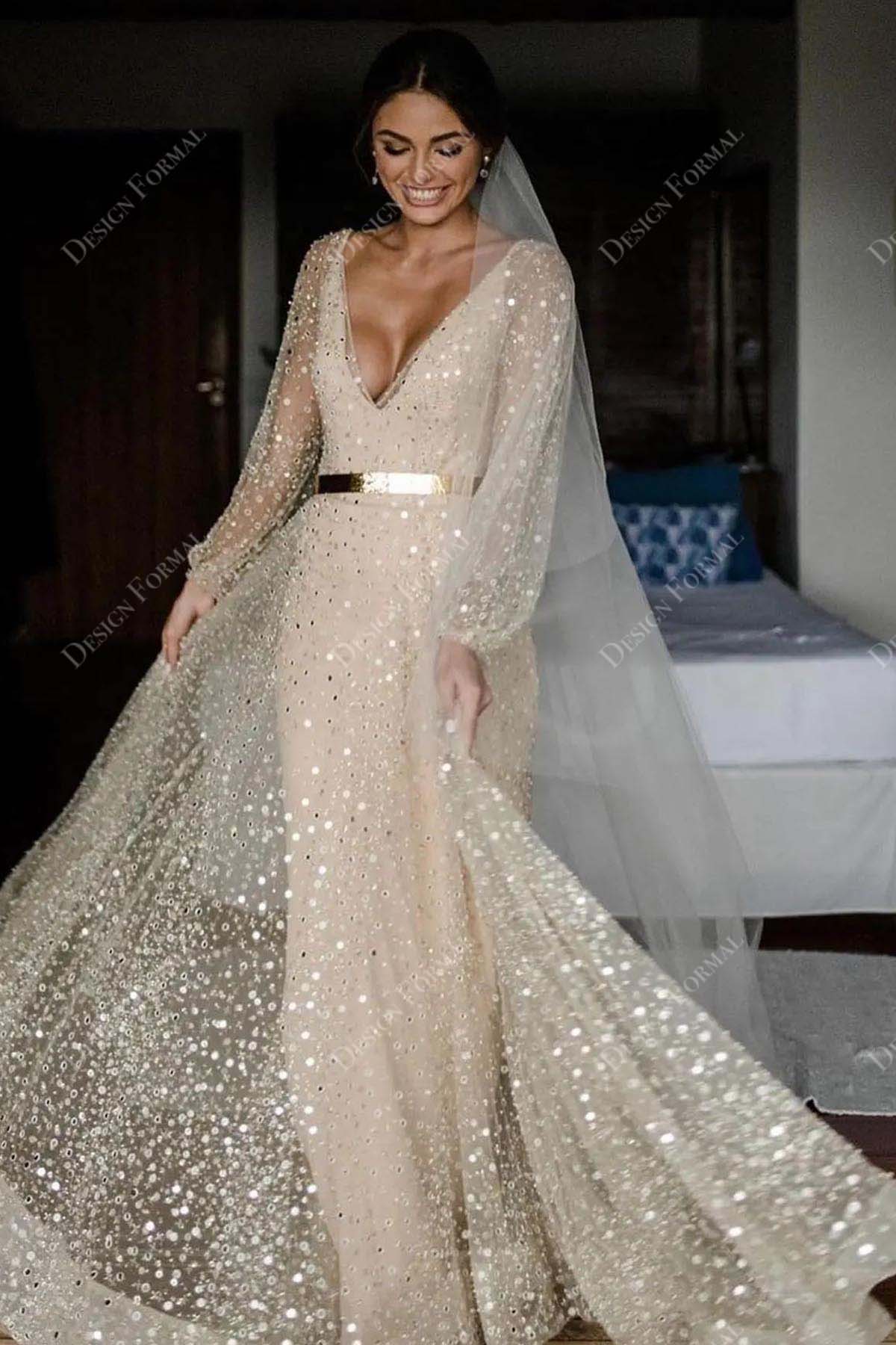 sequin V-neck wedding dress with waistband