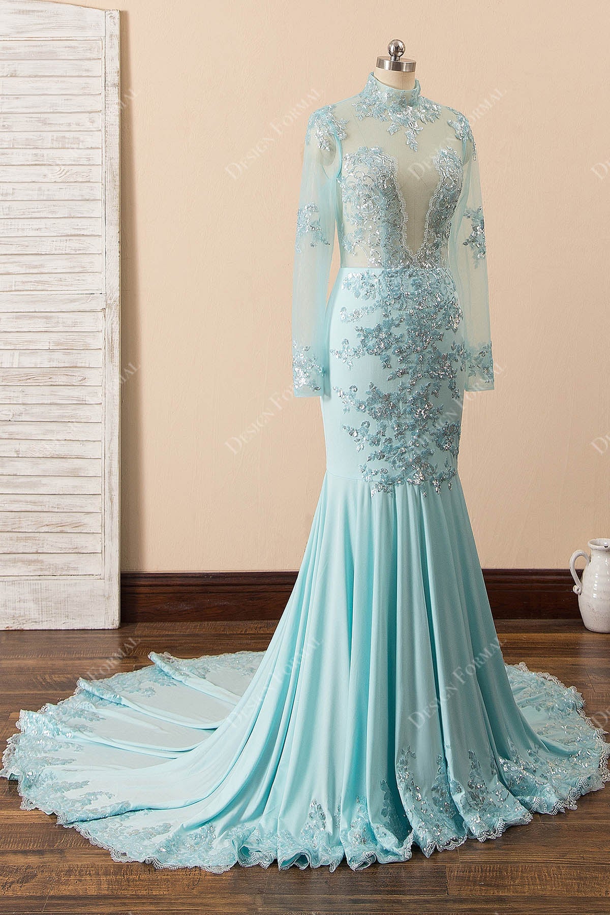 sequin appliqued mint blue prom dress 