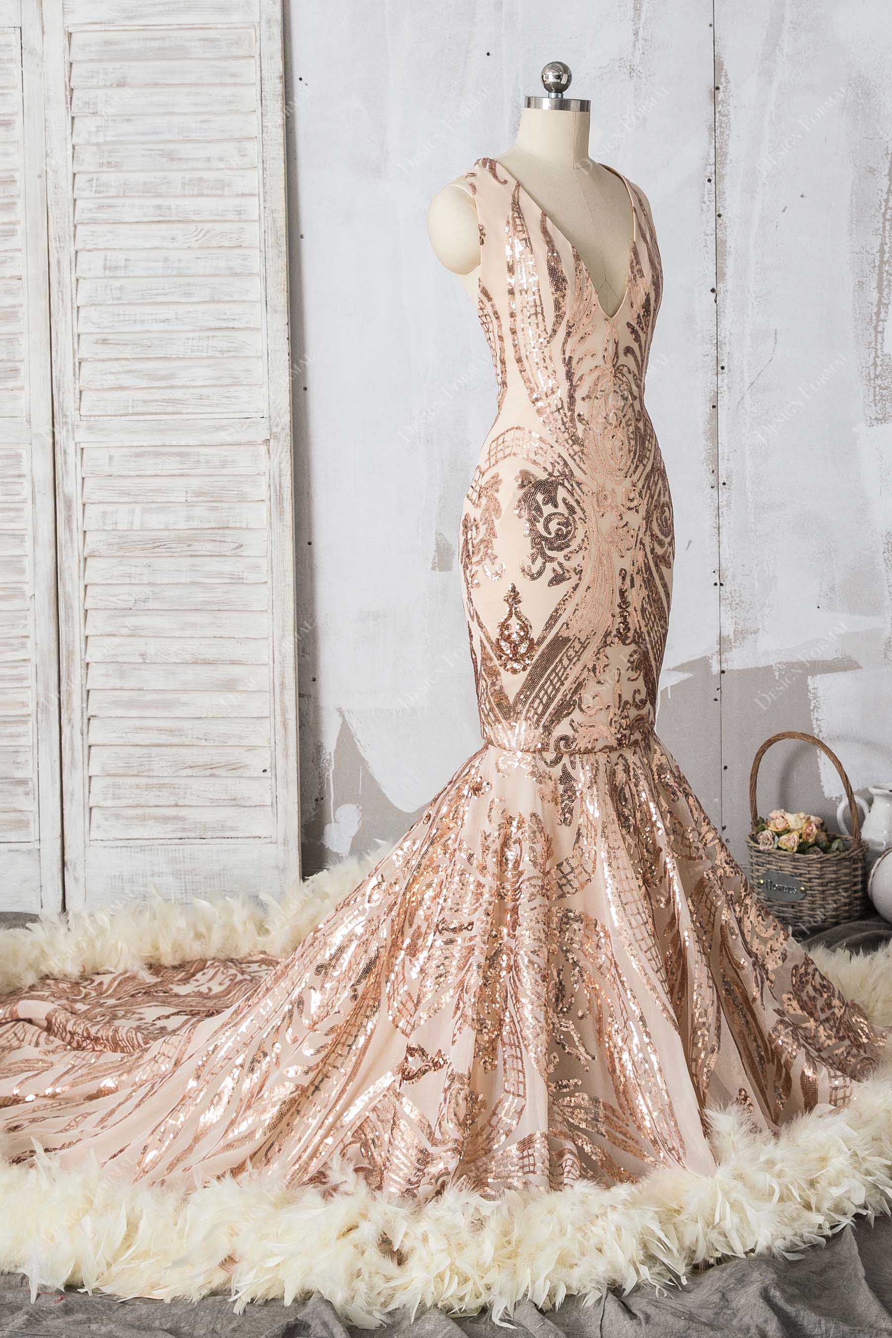 sequin feather champagne sleeveless prom gown