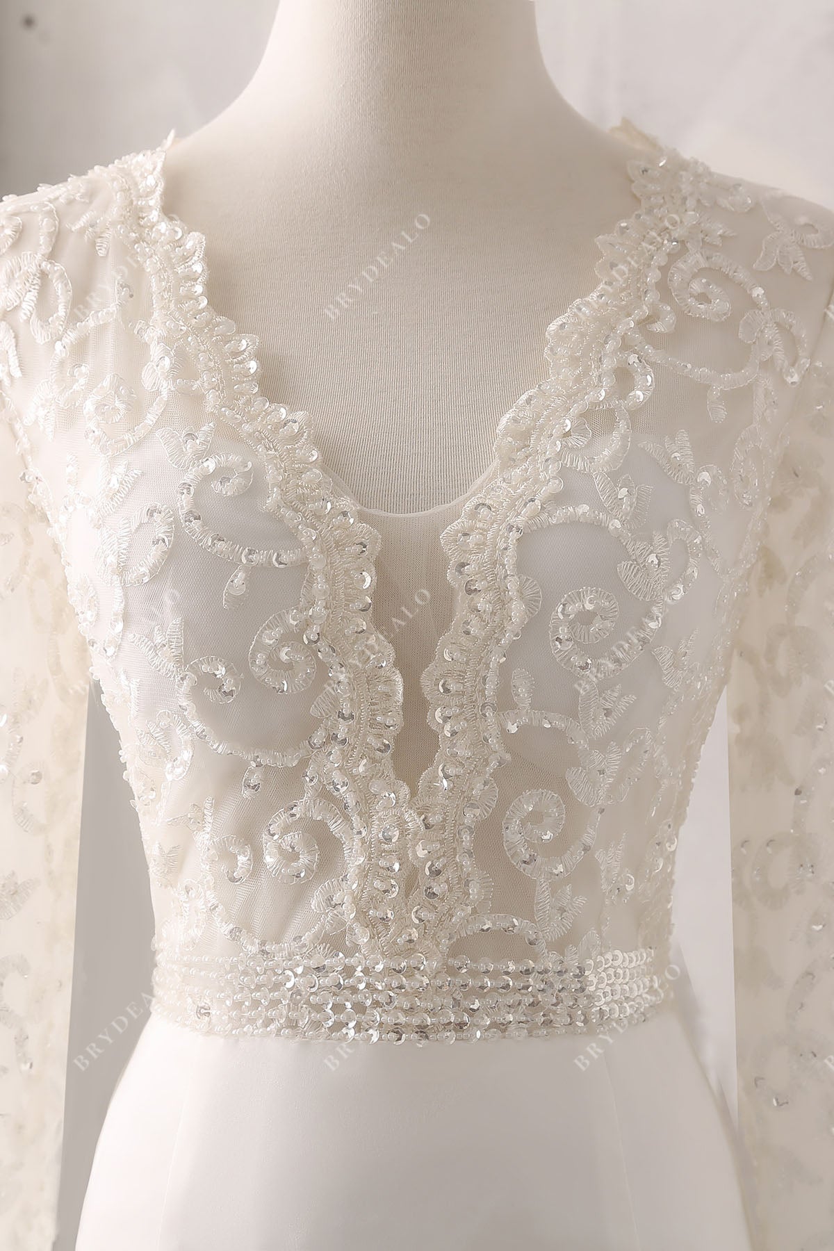 sexy scalloped lace plunging V-neck trendy bridal gown