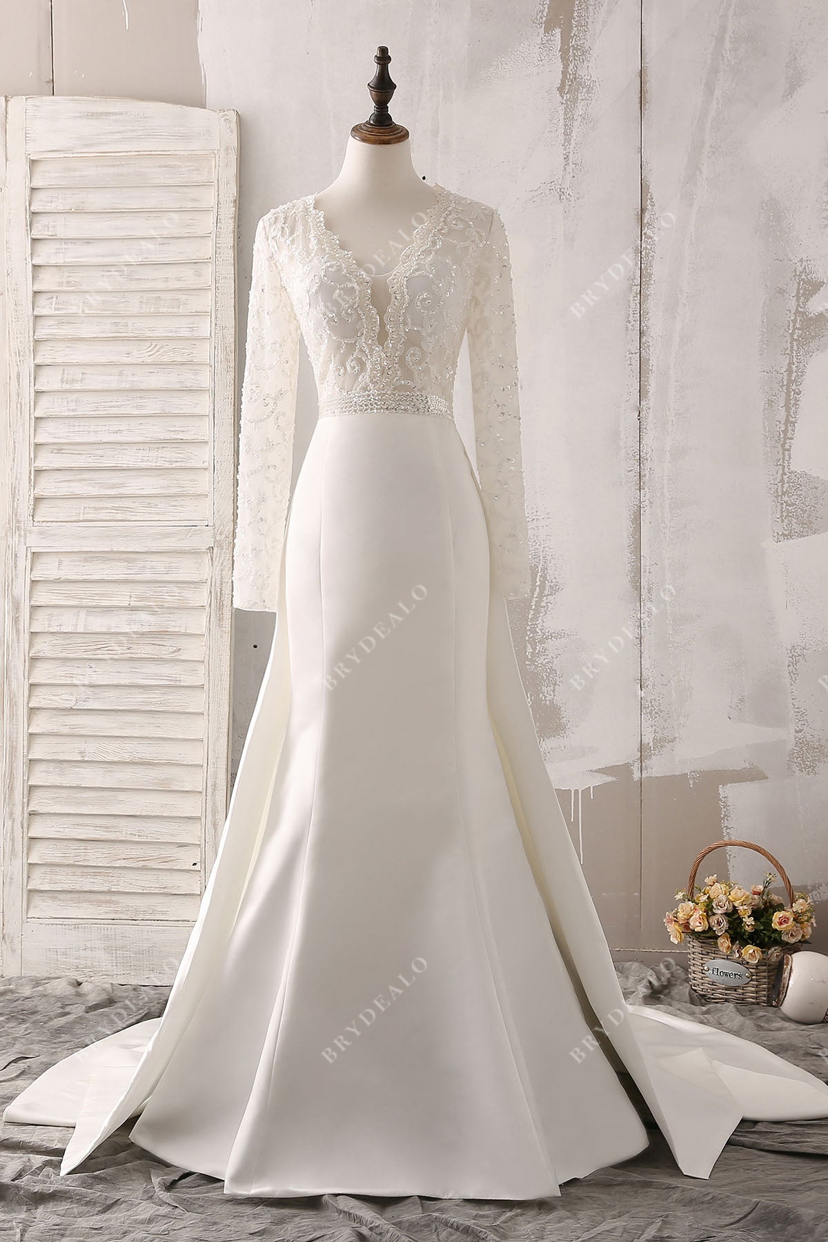 Plunging Neck Lace Modern Satin Overskirt Wedding Dress 