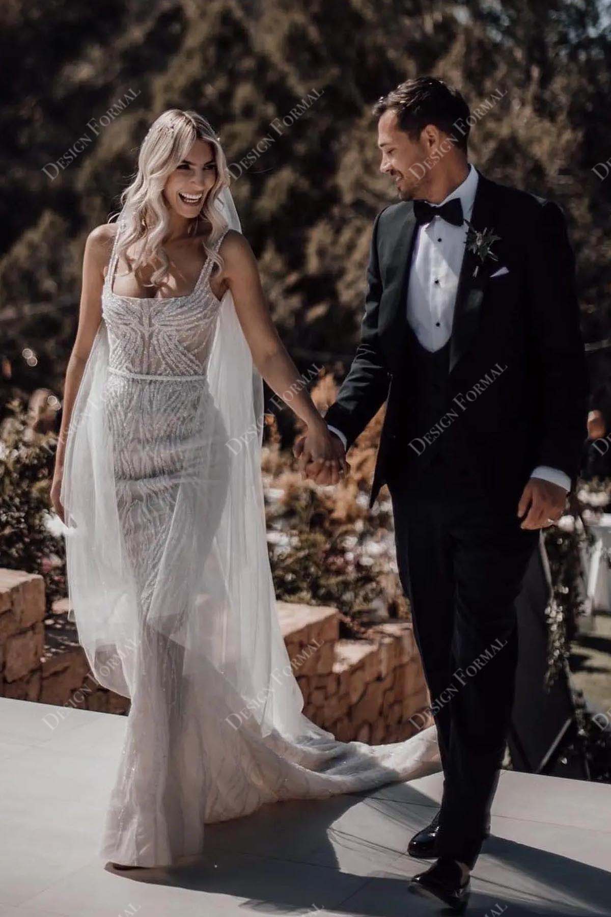 sequin lace square neck straps mermaid wedding gown