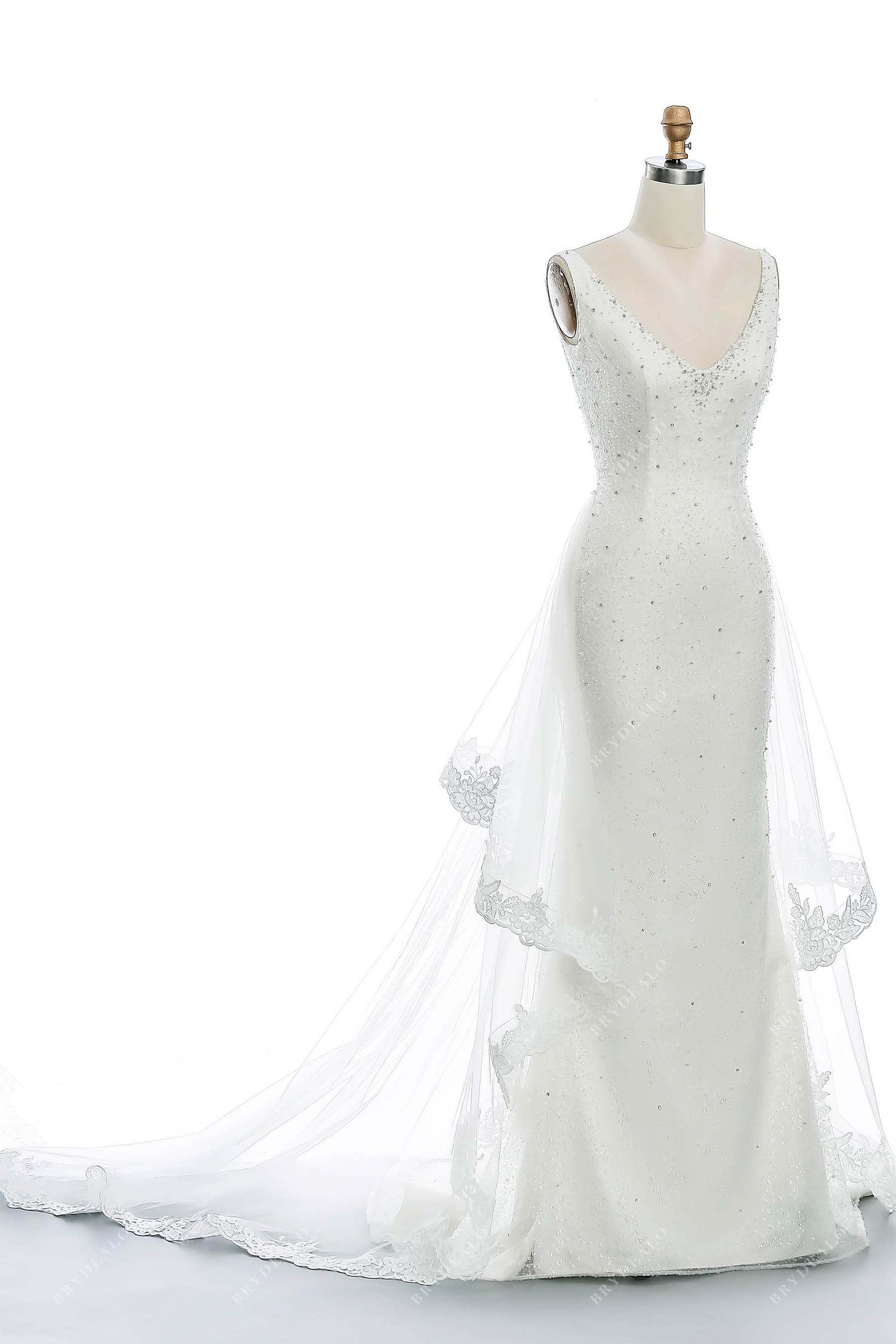 Sequin V-neck Mermaid Fashion Ruffled Tulle Overskirt Wedding Dress