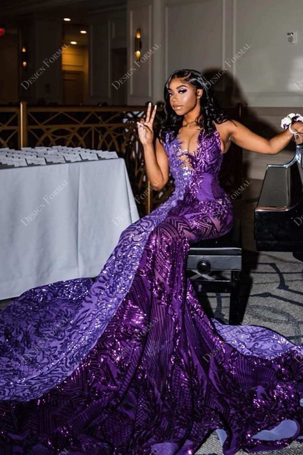 sequin mermaid purple plunging sleeveless long train mermaid prom gown