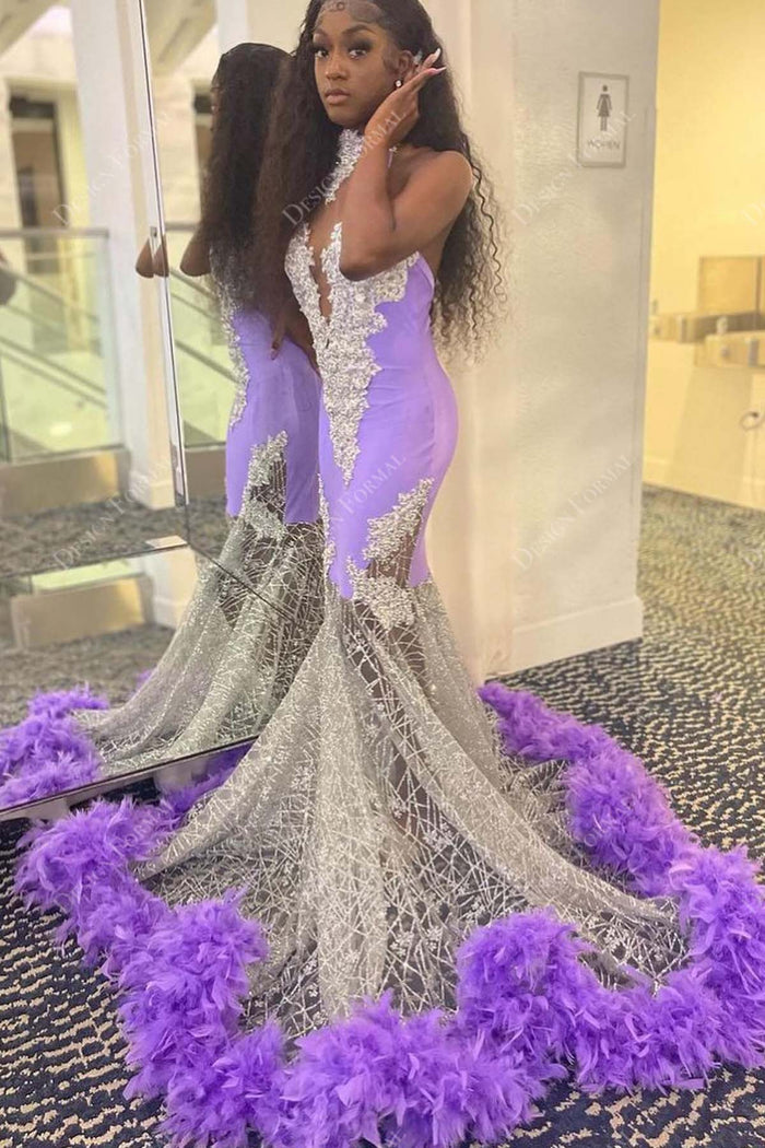 Illusion Halter Violet Feather Custom Glitter Mermaid Prom Dress