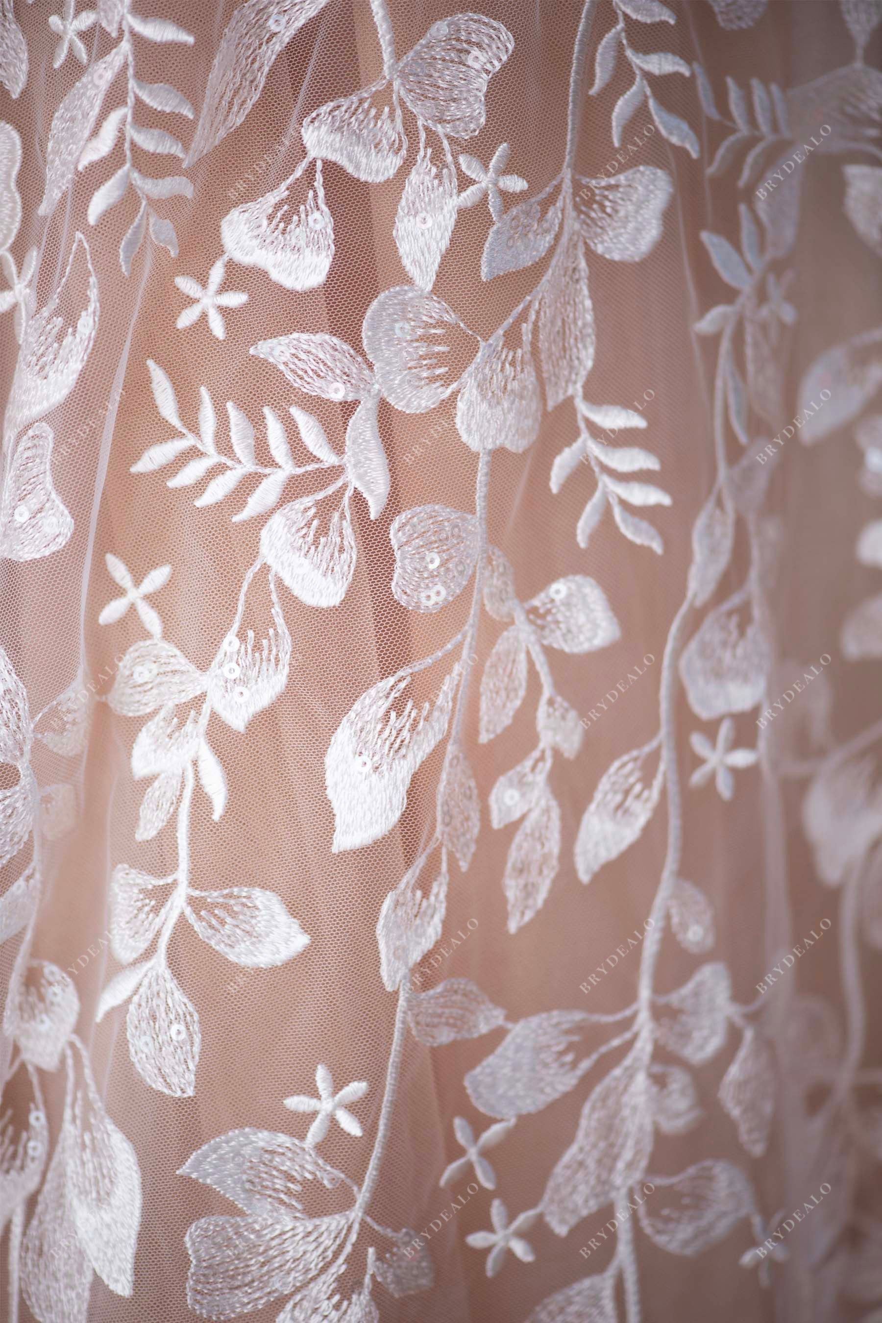 shimmery sequined flower leaf lace fabric for romantic dresses