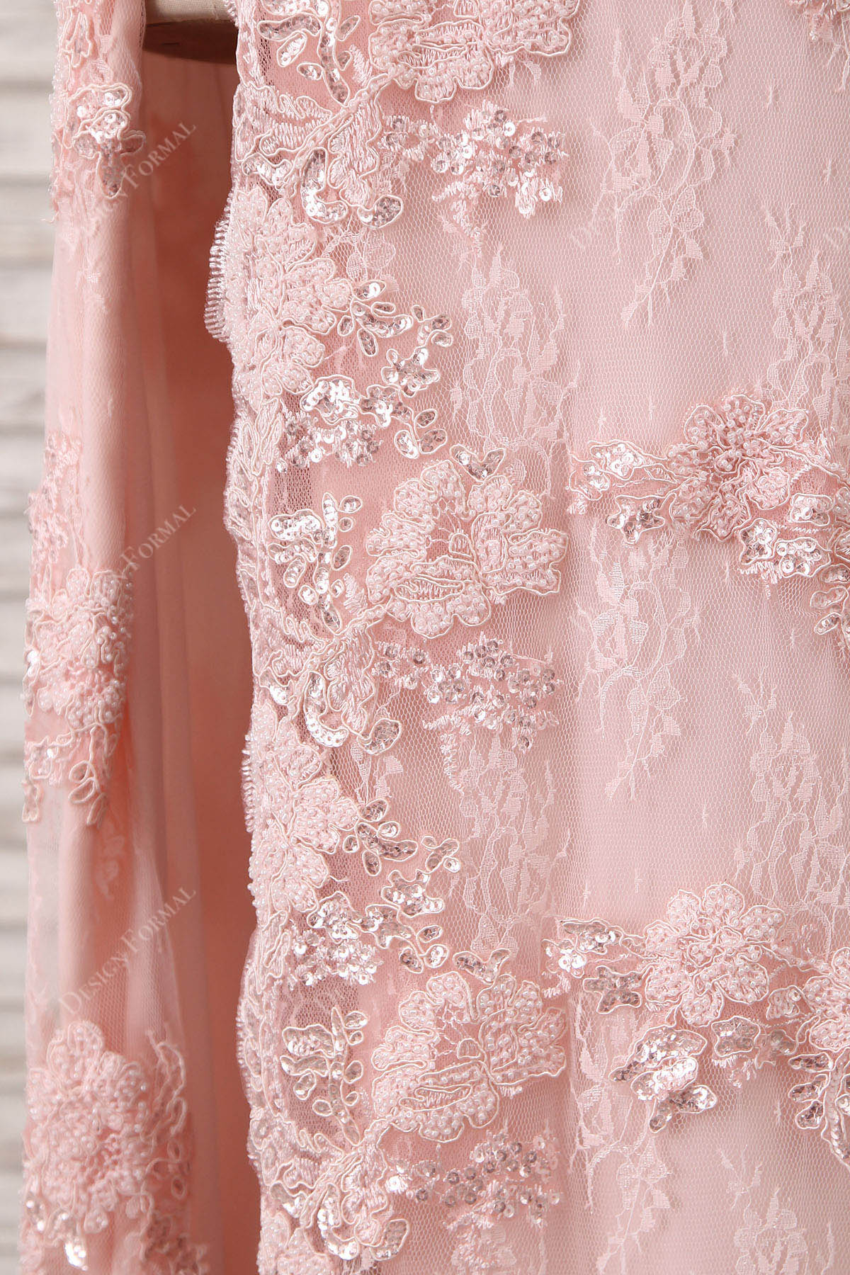 sequined lace pink slit prom dress