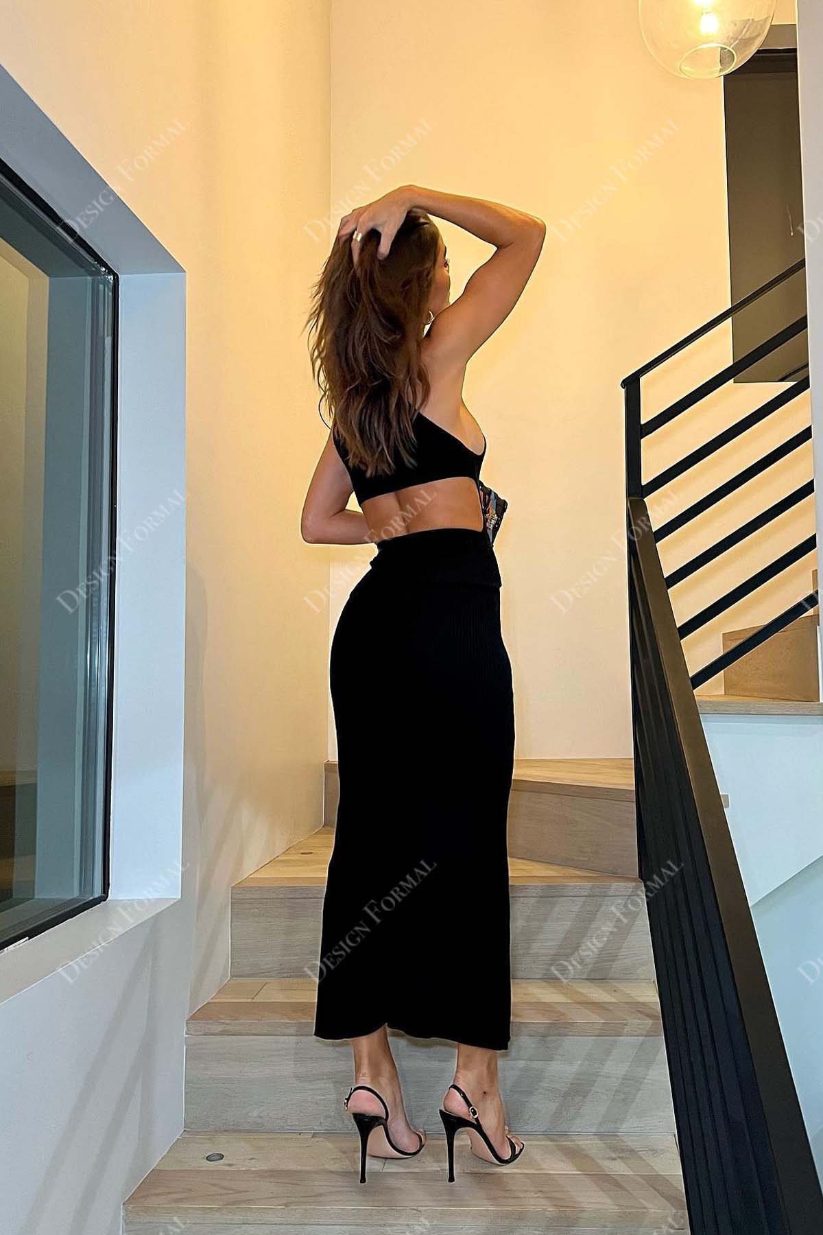 sexy cutout black ankle length fit and flare prom gown