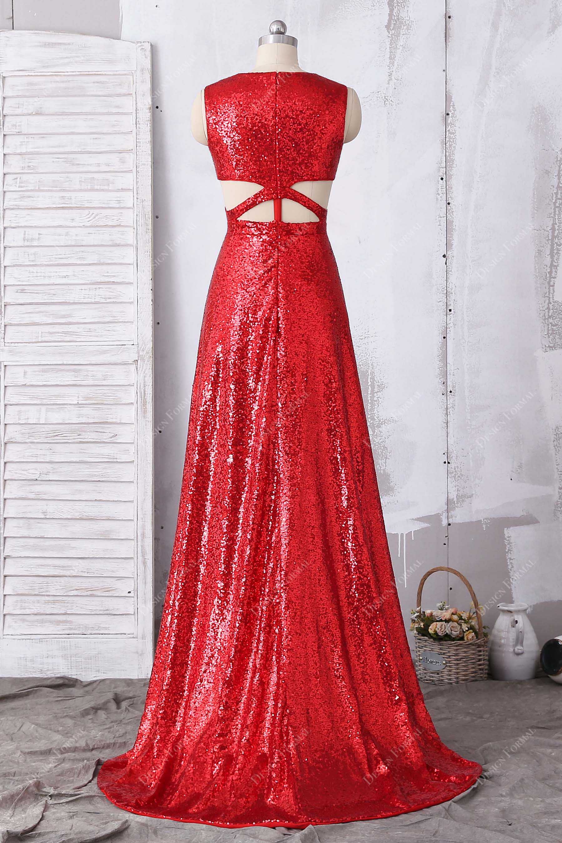 sexy cutouts red sequins sleeveless prom gown
