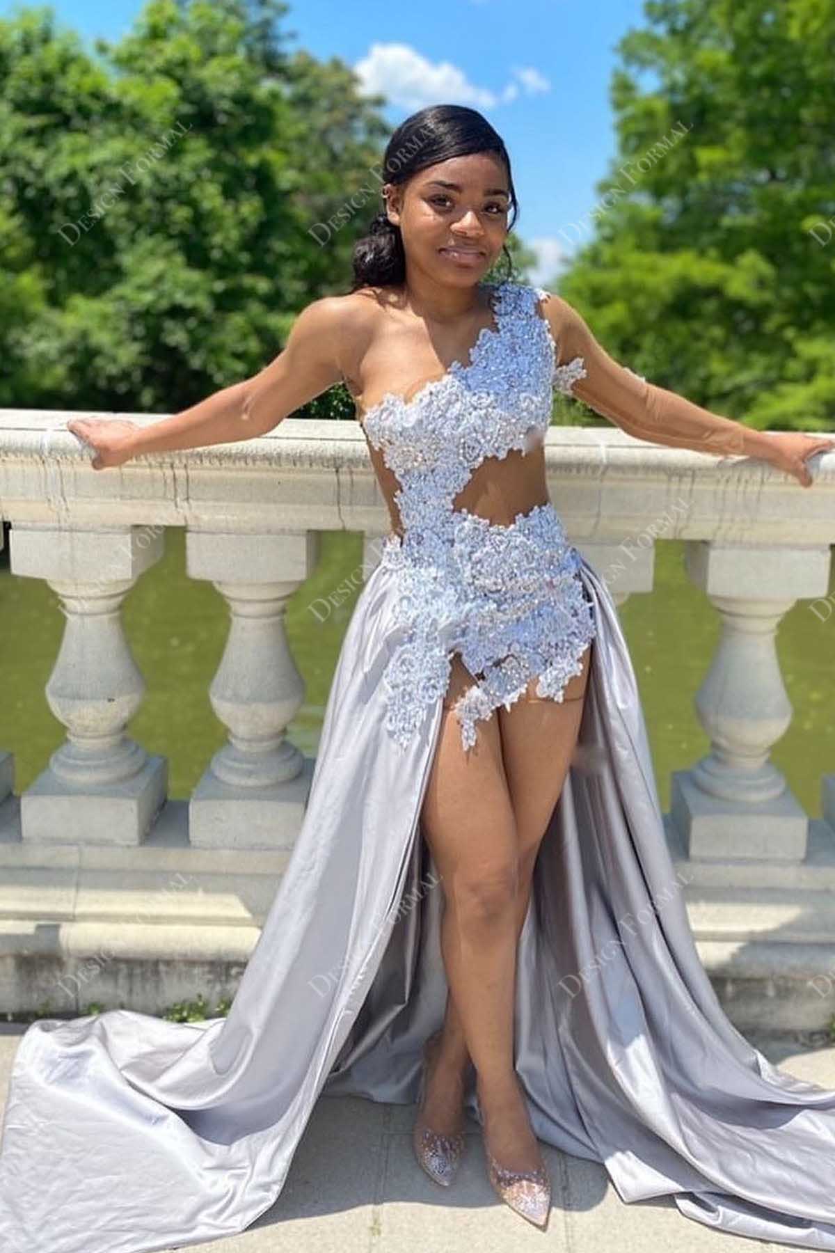 sexy sheer lace jumpsuit slit taffeta overskirt prom dress