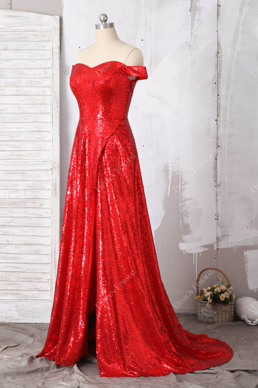 A-line Beaded Off-the-shoulder Dress With Slit Red main image 1