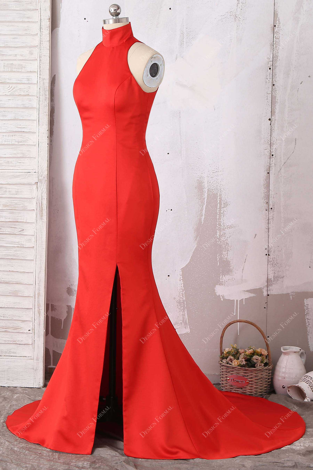 Sexy Red Satin Pleated Slit Mermaid Party Dress Long Wedding Guest Dress SP2001