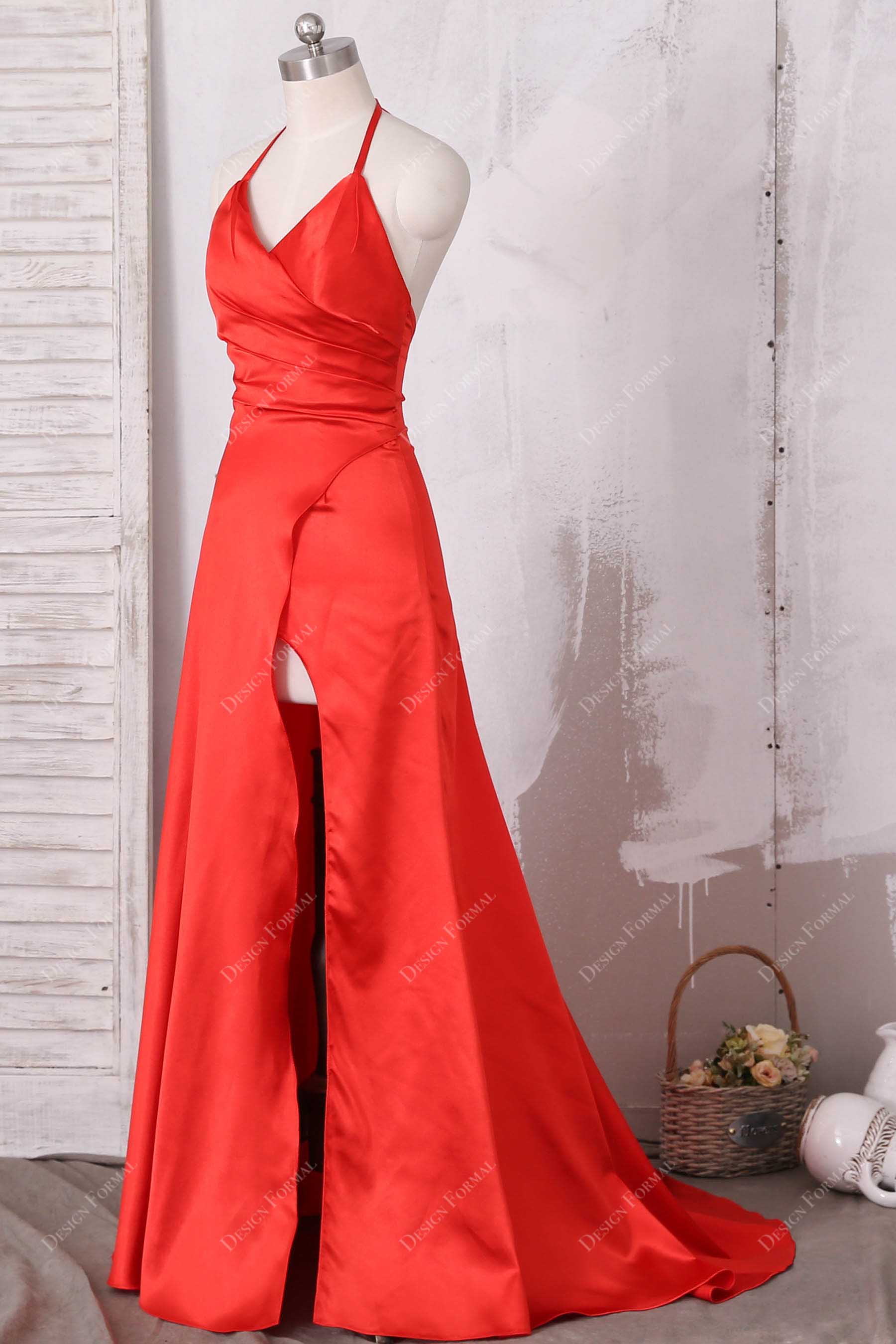 sexy slit red satin sleeveless prom dress