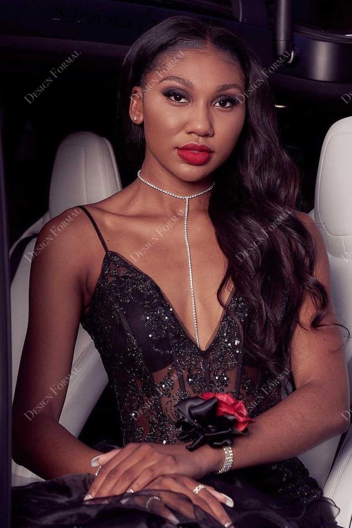 sexy V-neck sheer corset black prom gown