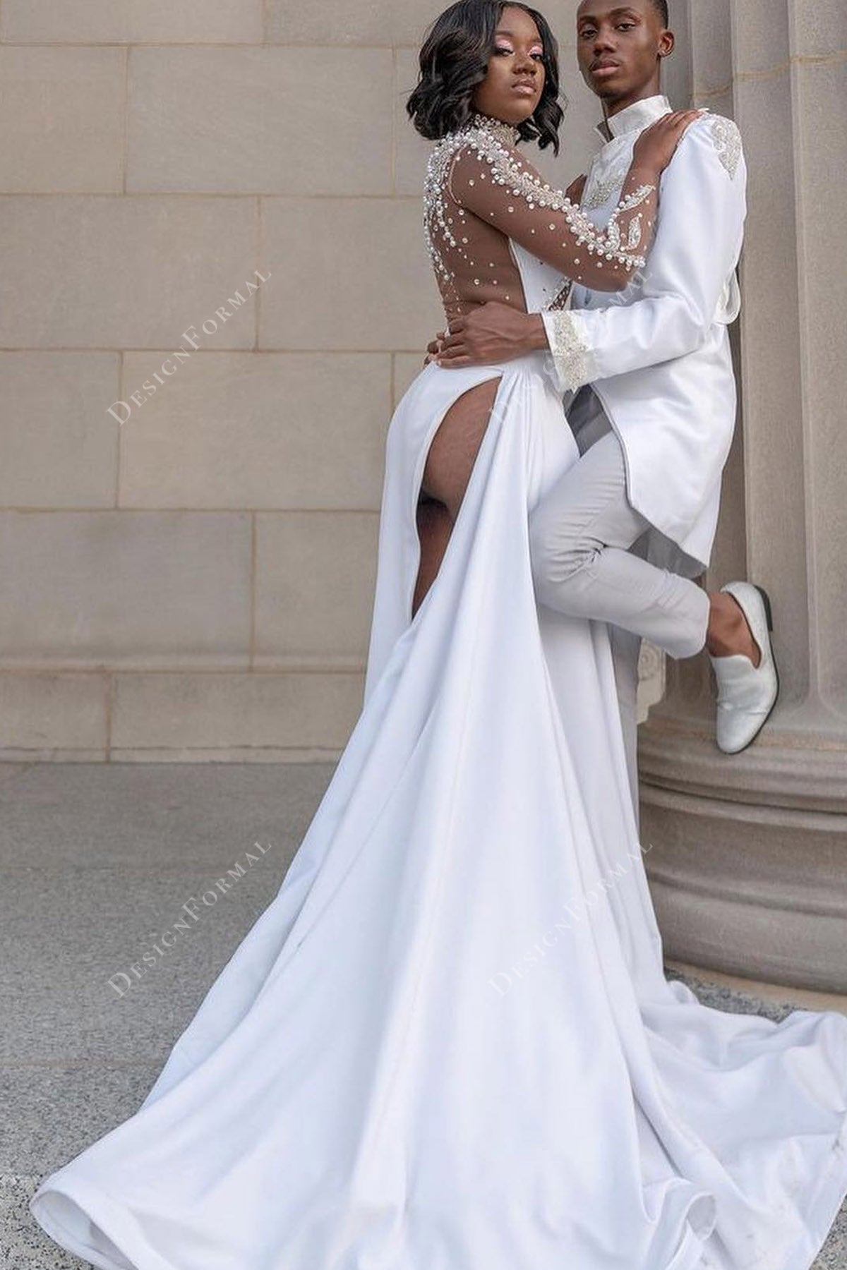 sheer beaded sleeve slit knit prom gown