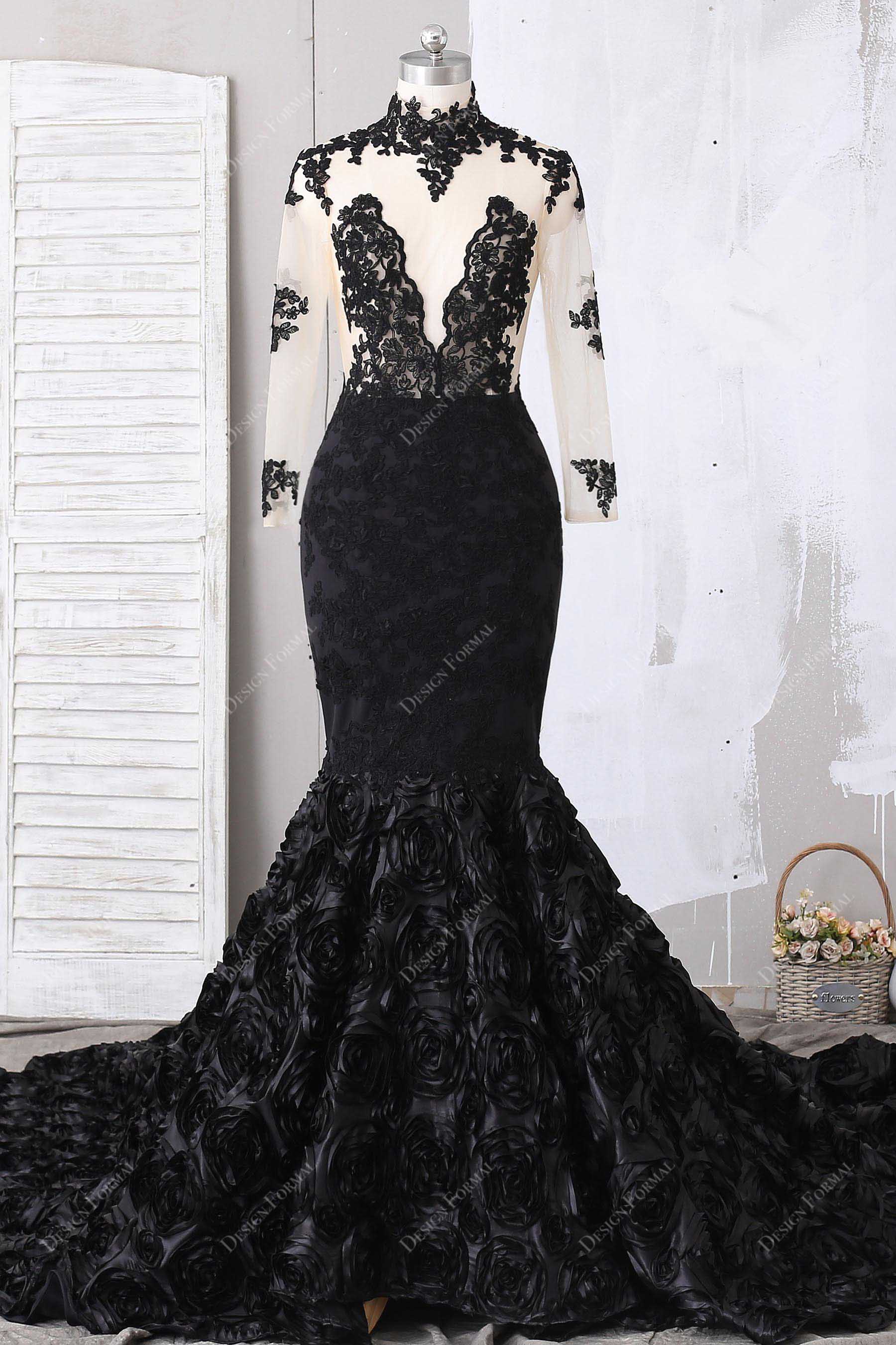 sheer black lace 3D roses mermaid prom dress 
