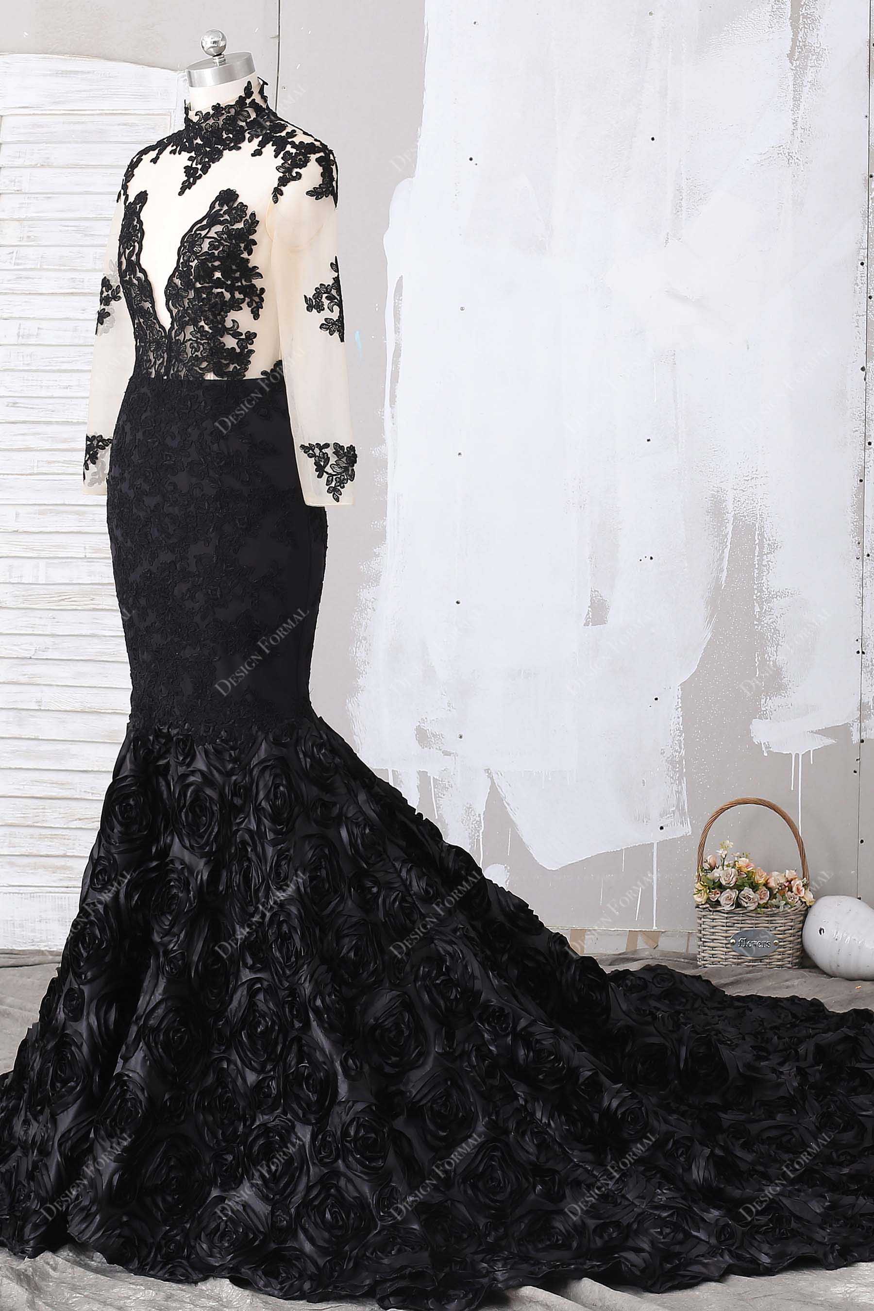 sheer black lace 3D roses mermaid prom gown