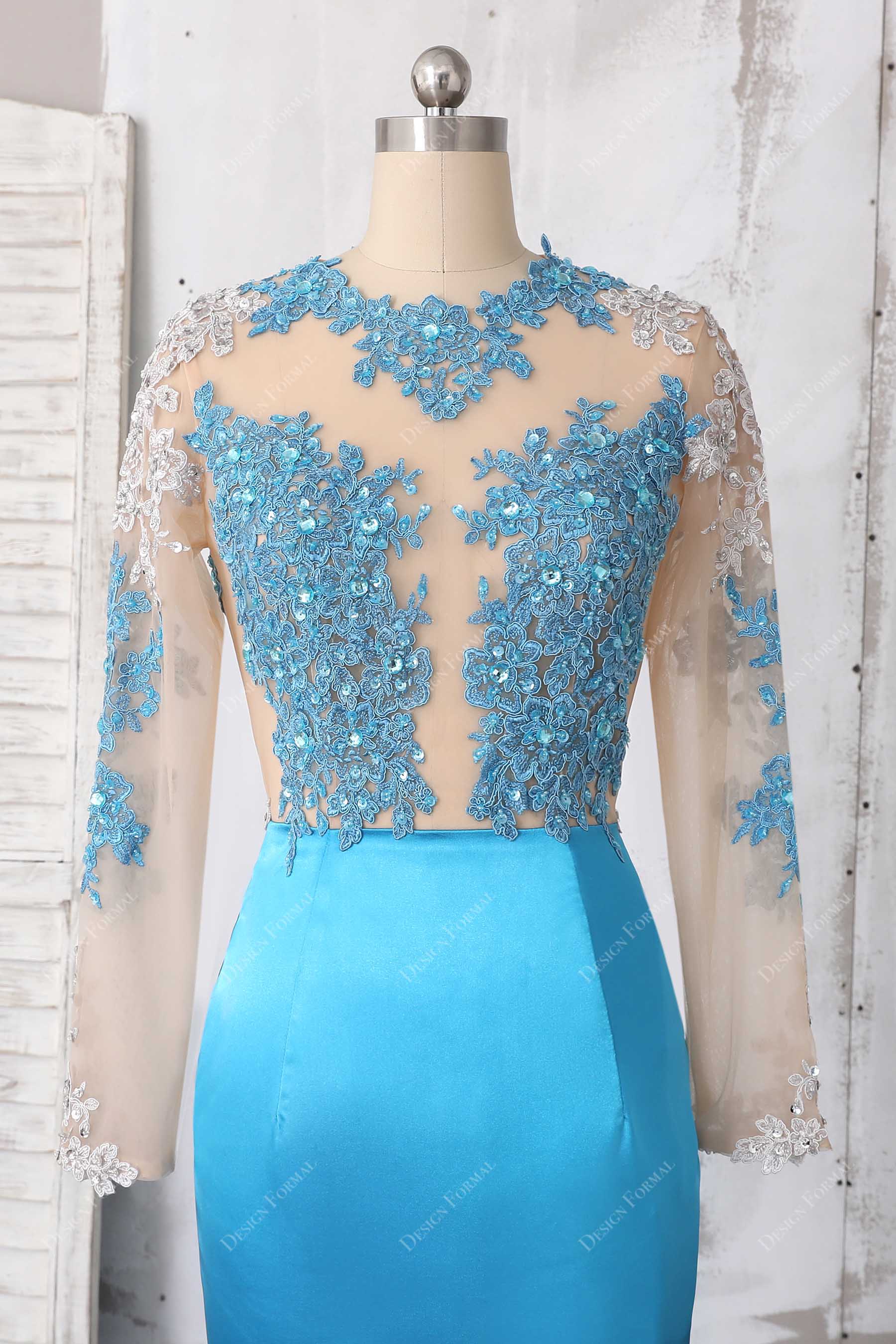 sheer bodice pool blue beaded appliques