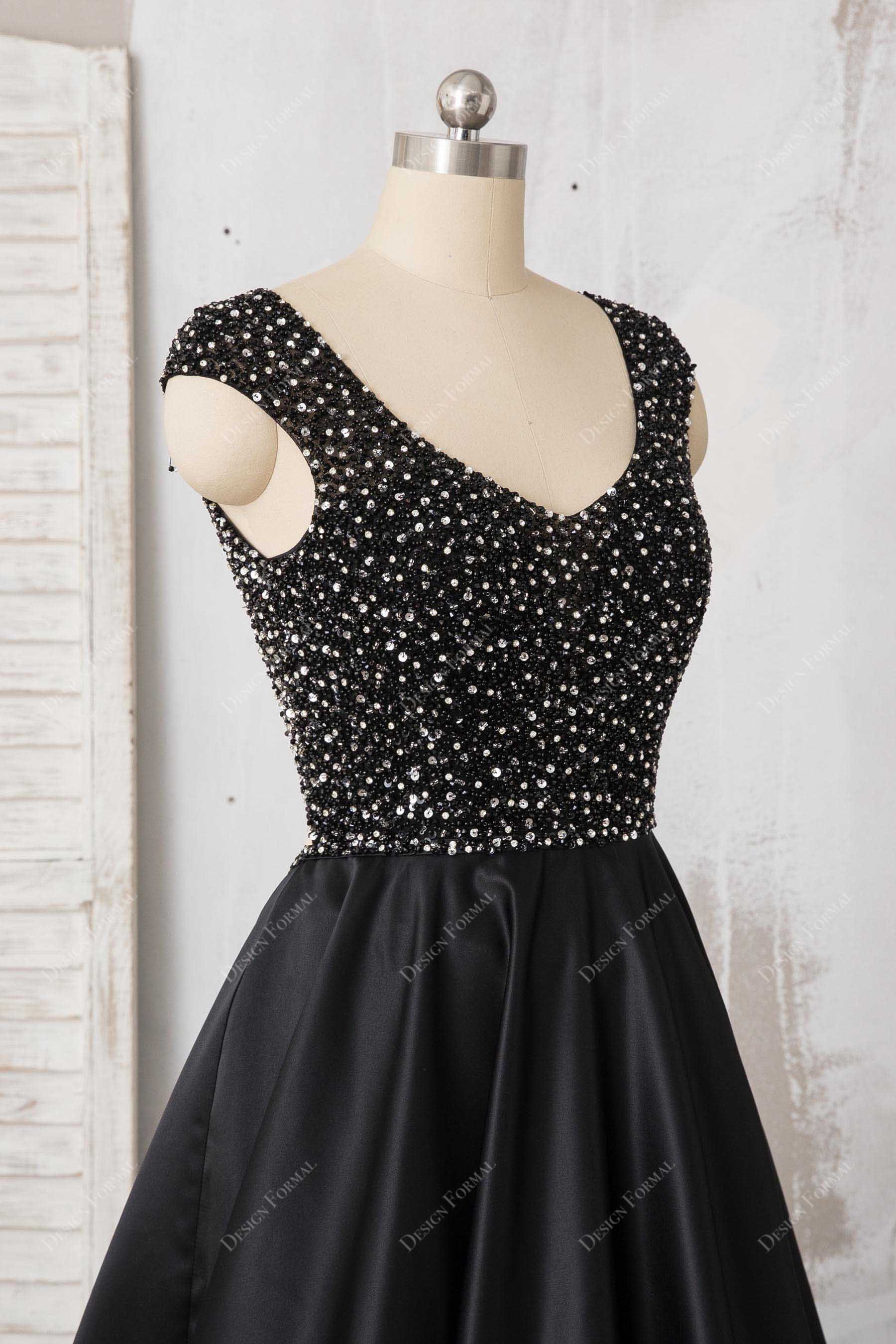 sheer cap sleeve black beaded prom dress