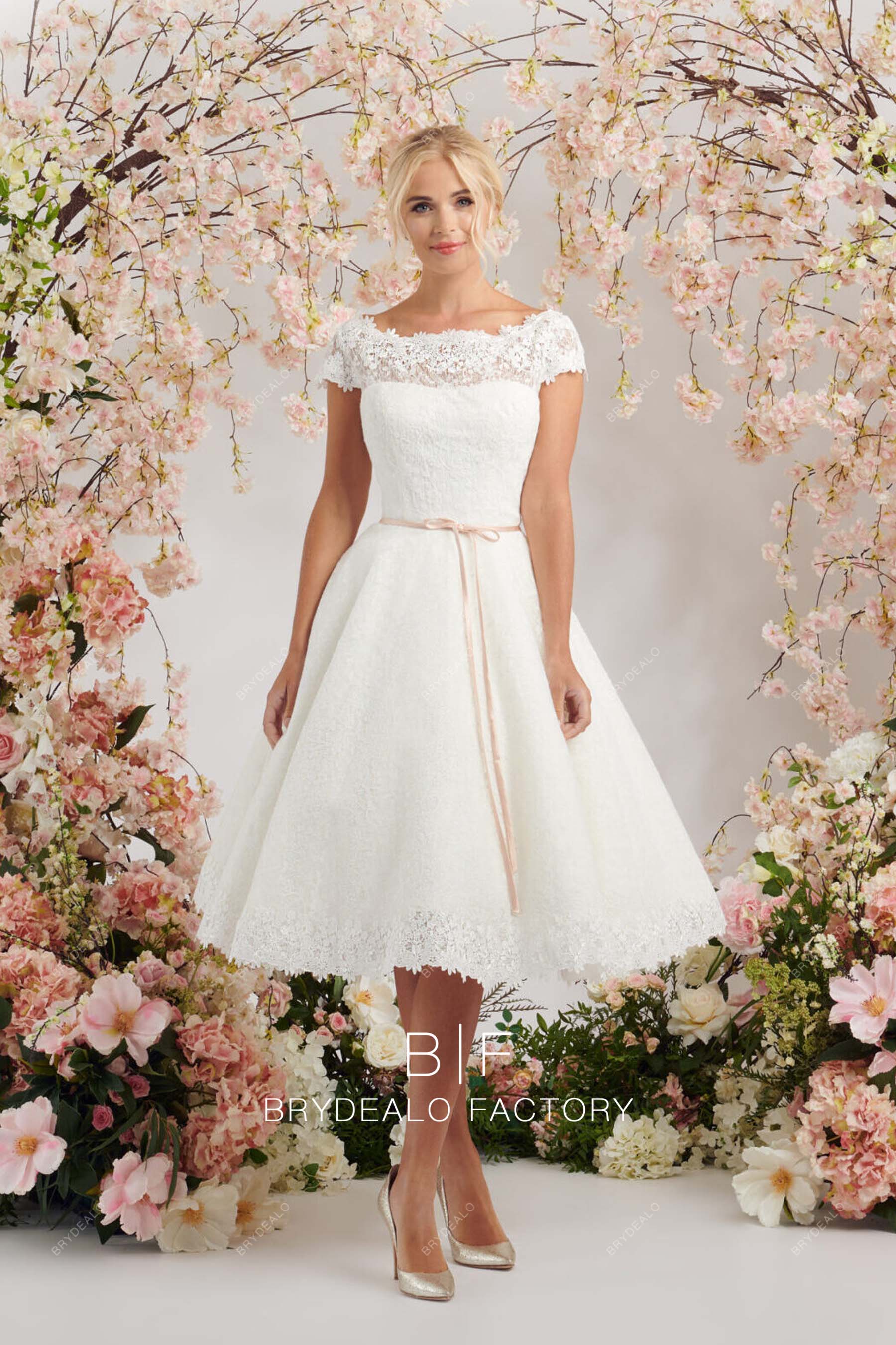 sheer cap sleeves elegant lace tea length bridal dress