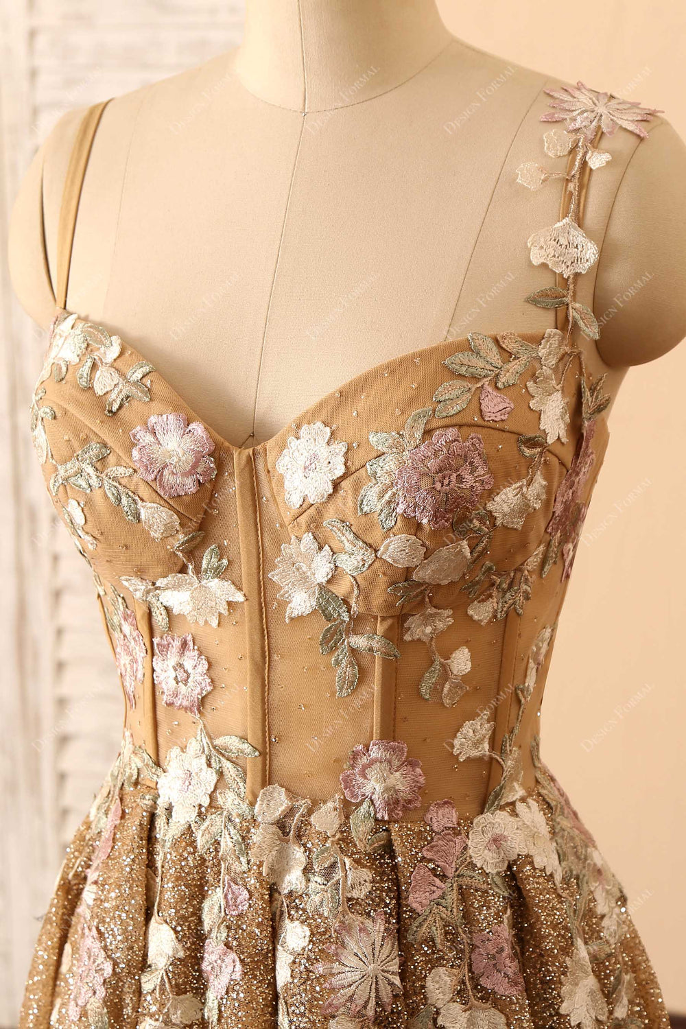 Gold Ombre Glitter Corset Embroidery Unique Long Prom Dress