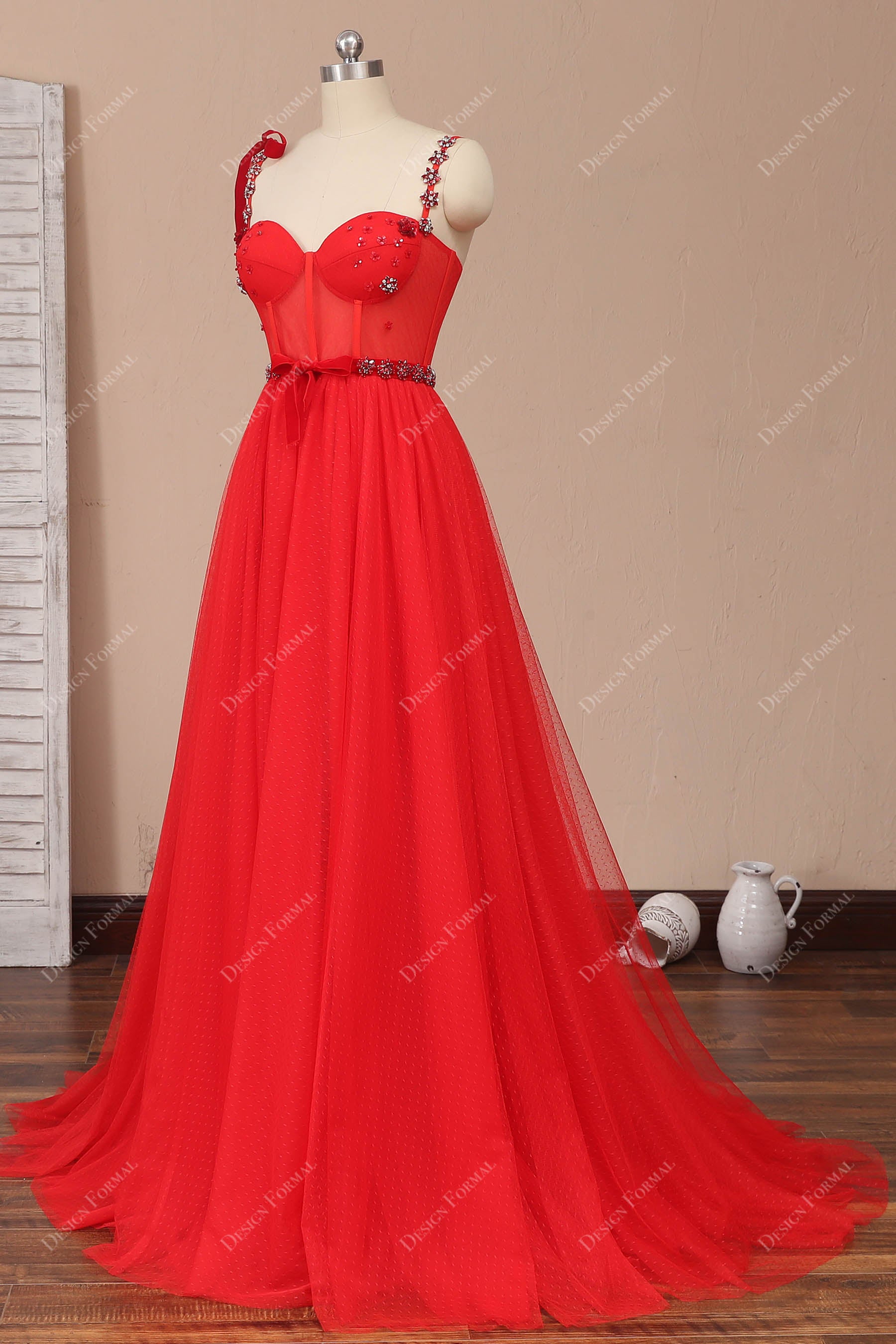Sheer Corset Red Prom Dress