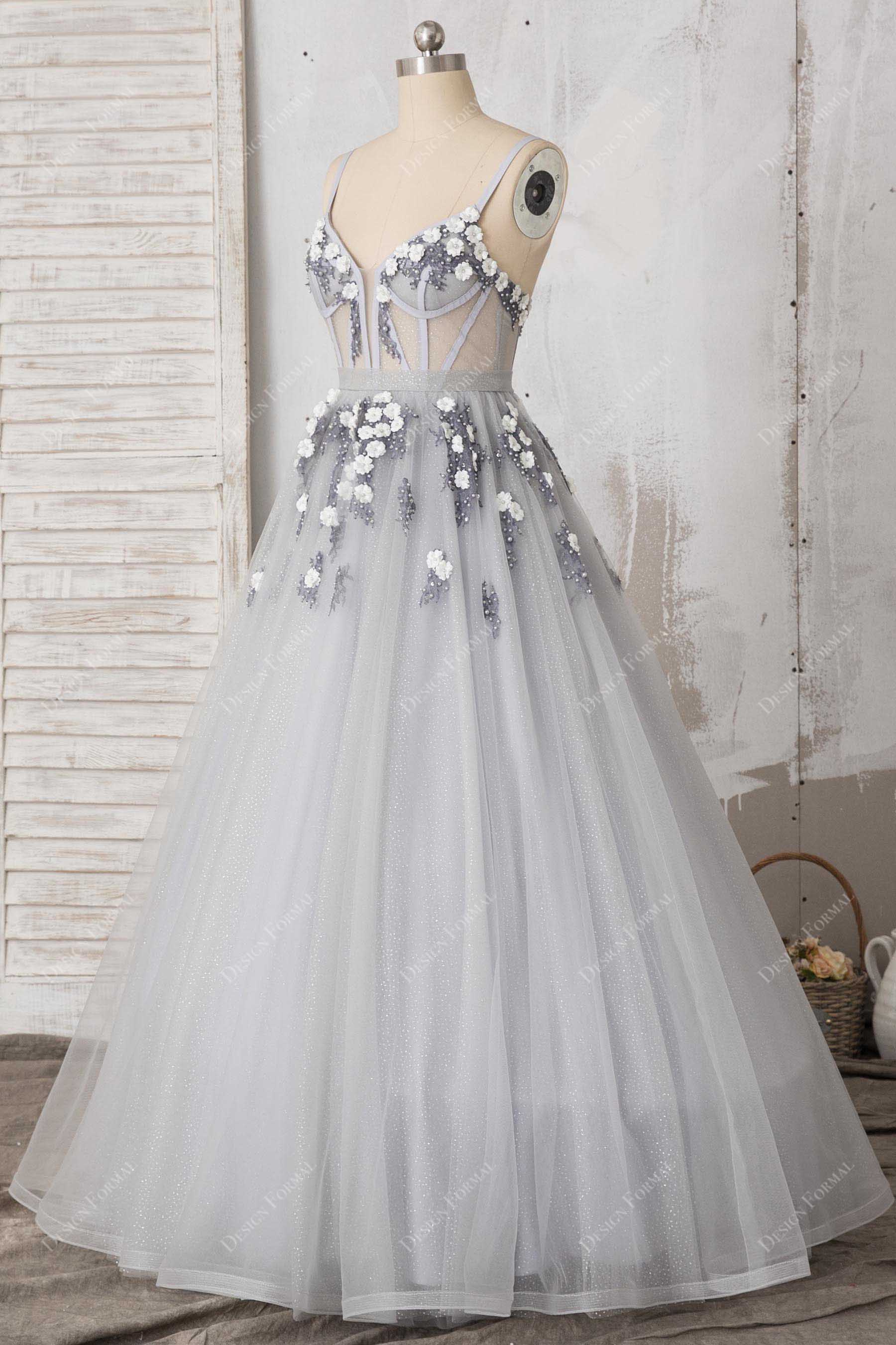 sheer corset spaghetti straps 3D petals prom dress