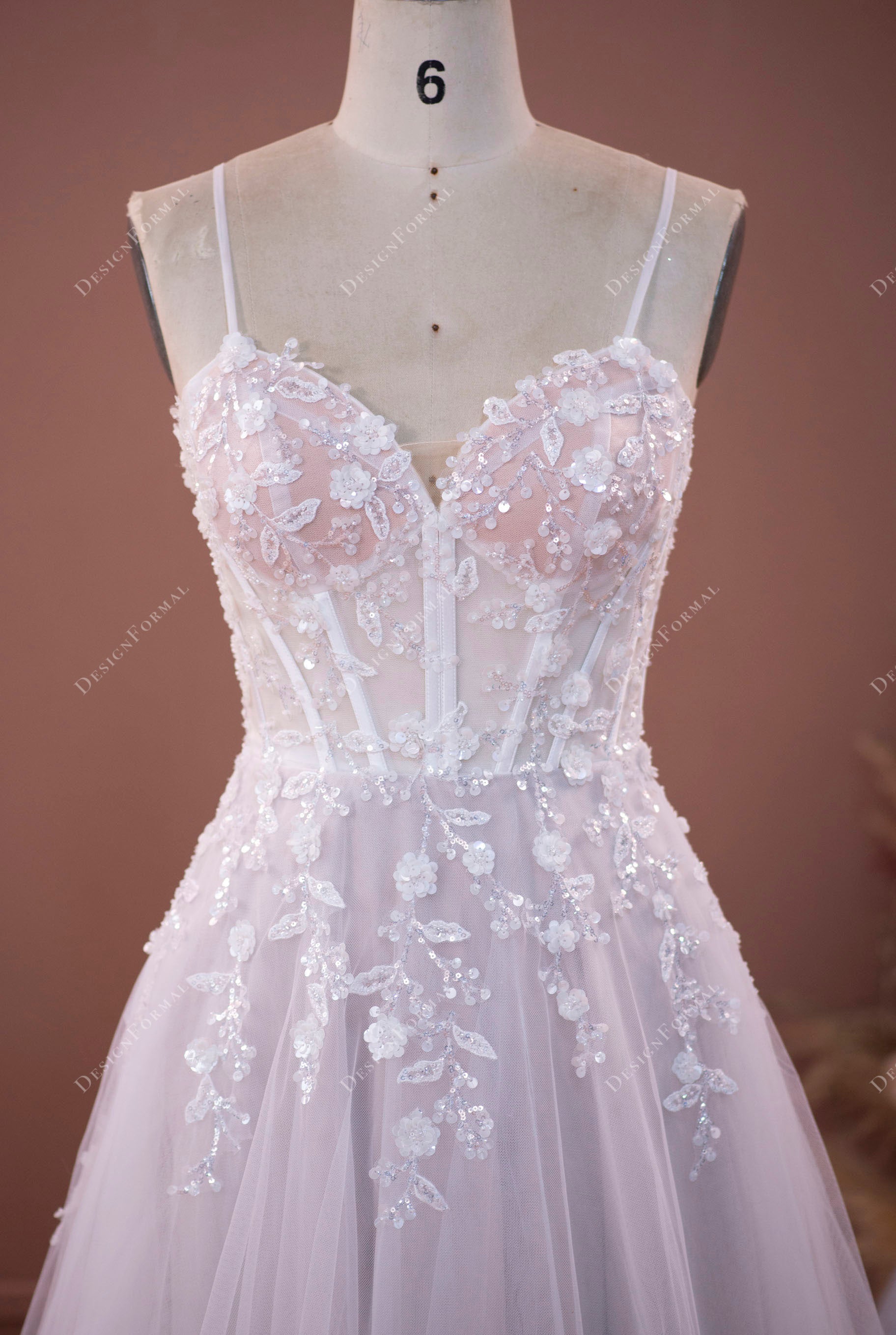 sheer corset straps V-neck sequined flower lace wedding dress