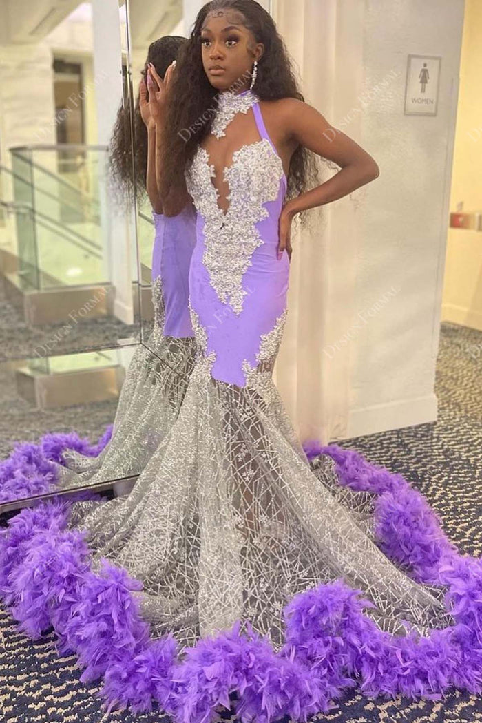 Illusion Halter Violet Feather Custom Glitter Mermaid Prom Dress