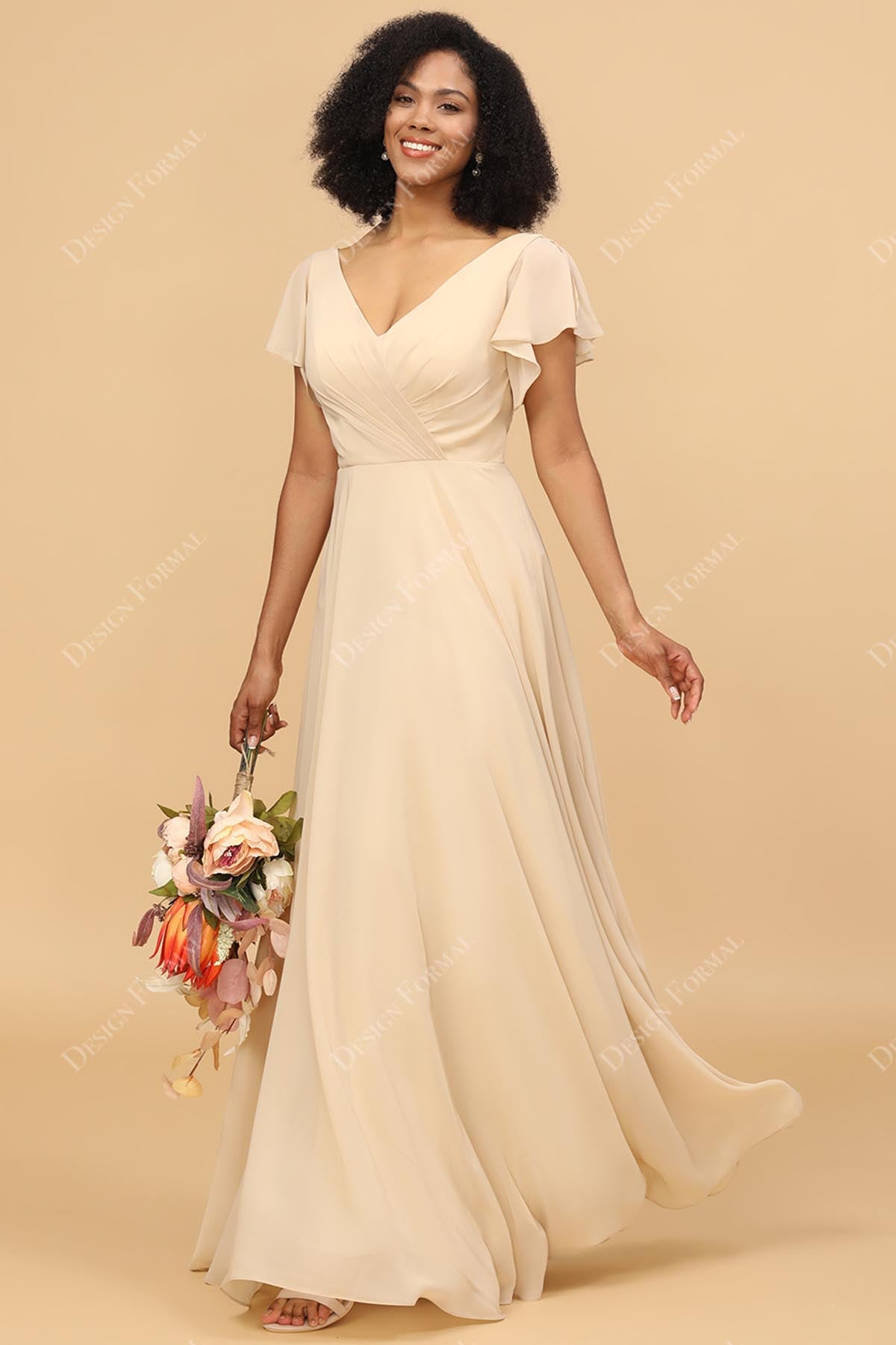 sheer flutter sleeves A-line bridesmaid gown