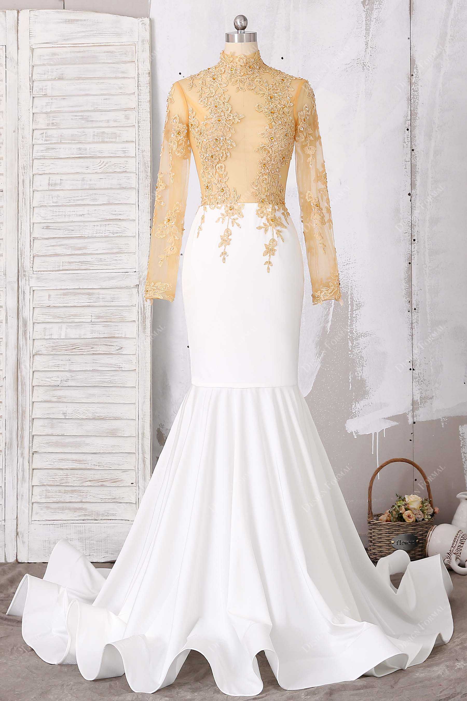 sheer gold lace white jersey prom dress