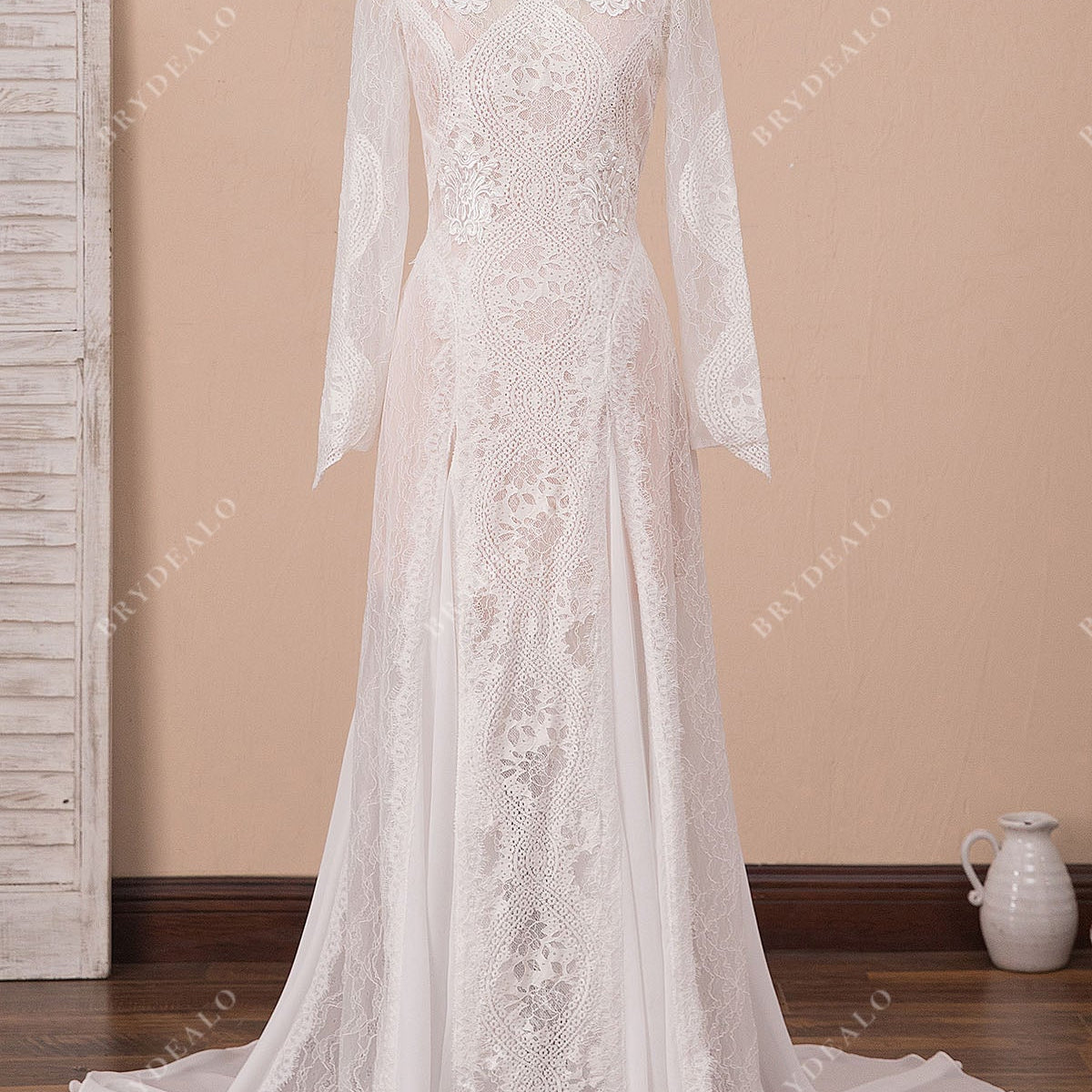 Boho Lace Chiffon Sheer Long Sleeve Blush Pink Beach Wedding Dress, Light Ivory Boho Lace Chiffon Sheer Long Sleeve Blush Pink Beach Wedding Dress, Light Ivory