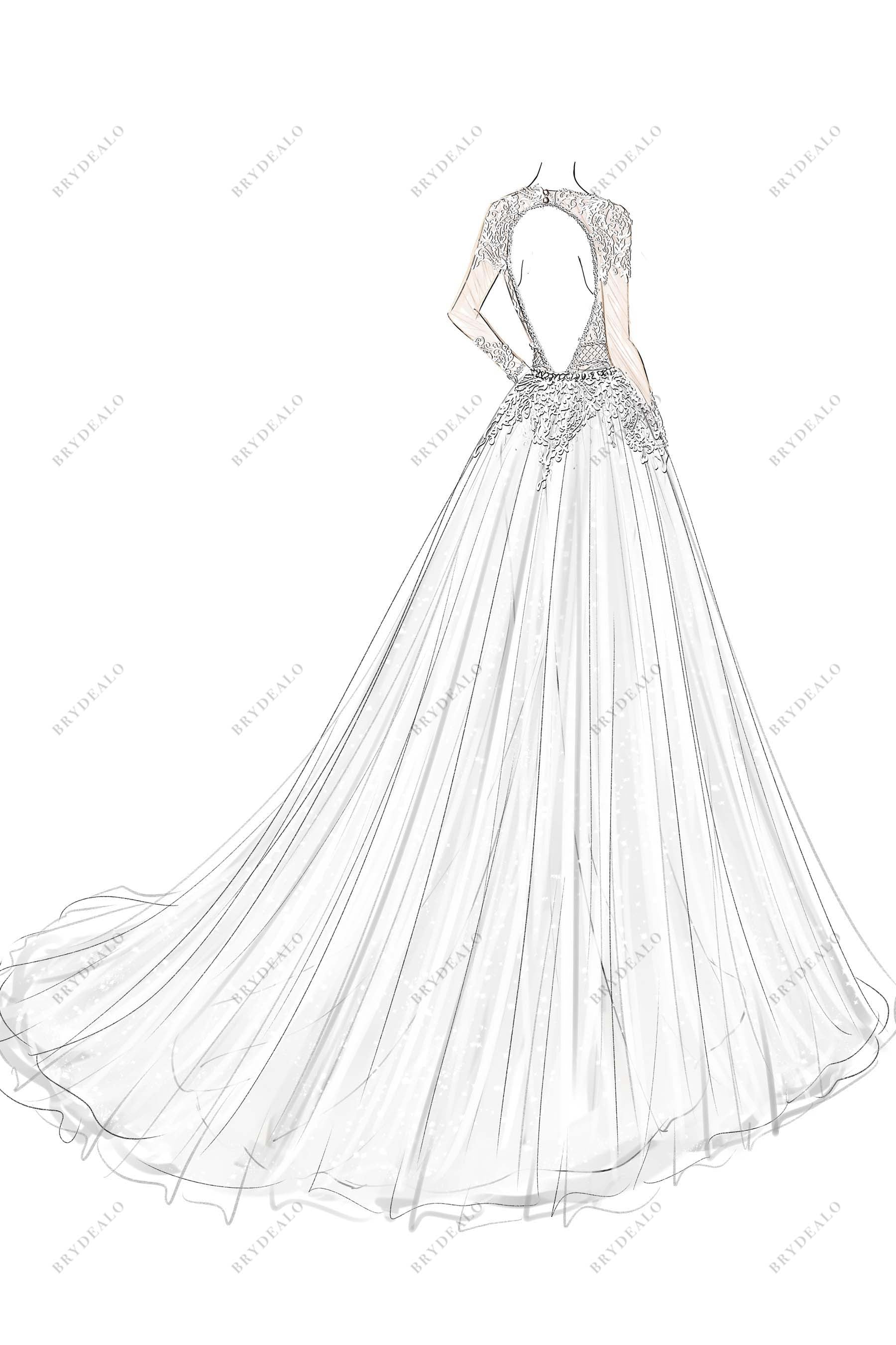 sheer lace sleeves custom overskirt wedding sketch